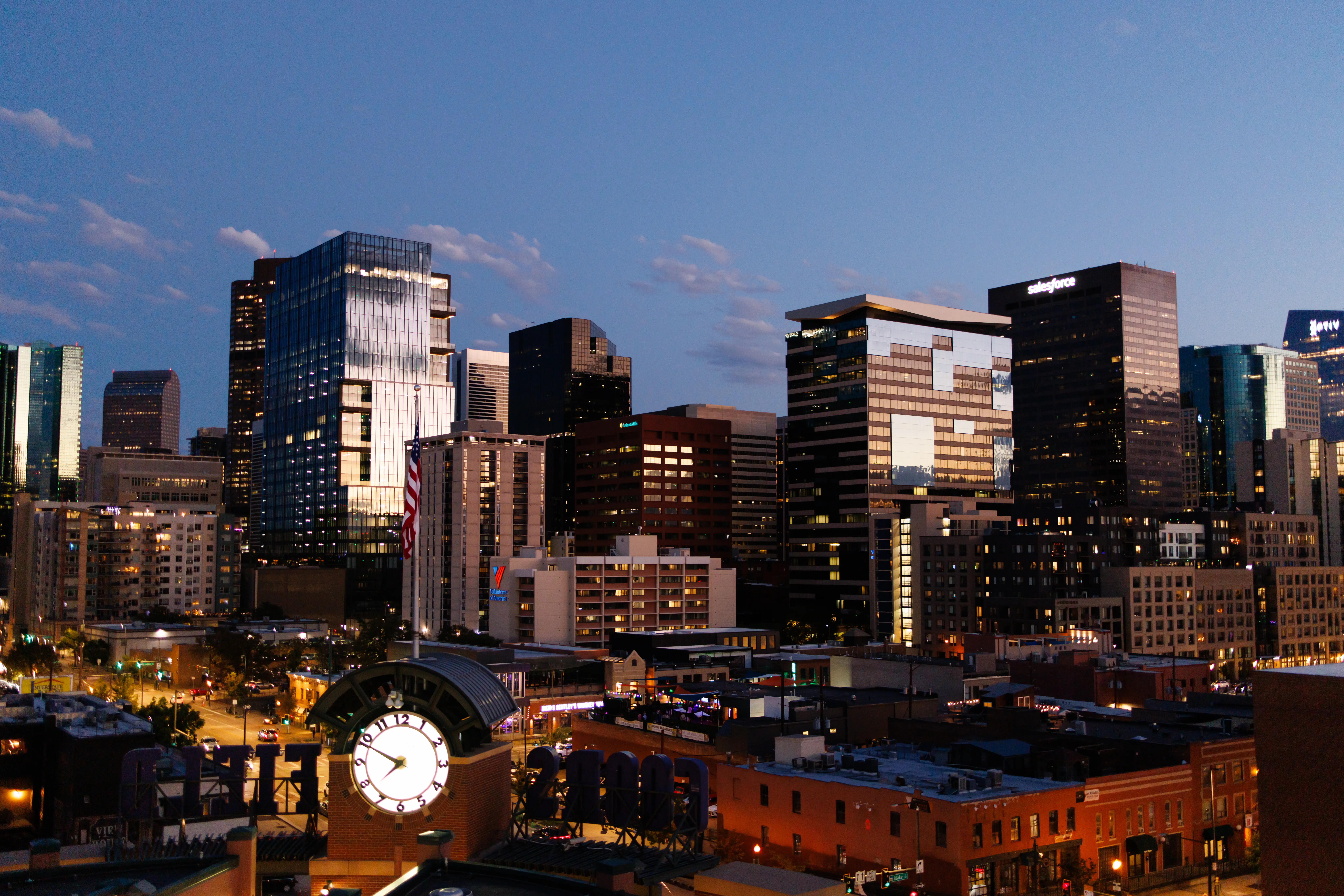 A city skyline at night.