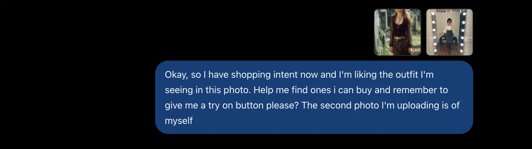 Dark chat interface shows two outfit thumbnails above a blue message asking for shopping and try-on help.