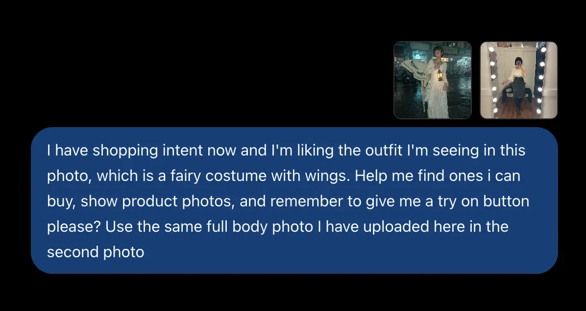 Messaging screenshot shows a blue chat bubble requesting shopping help for a fairy costume with wings.