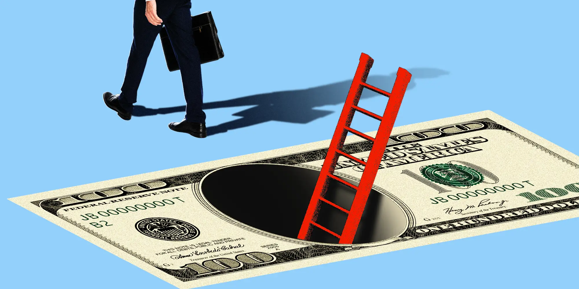 A man climbing through 100 dollar bill and walking away