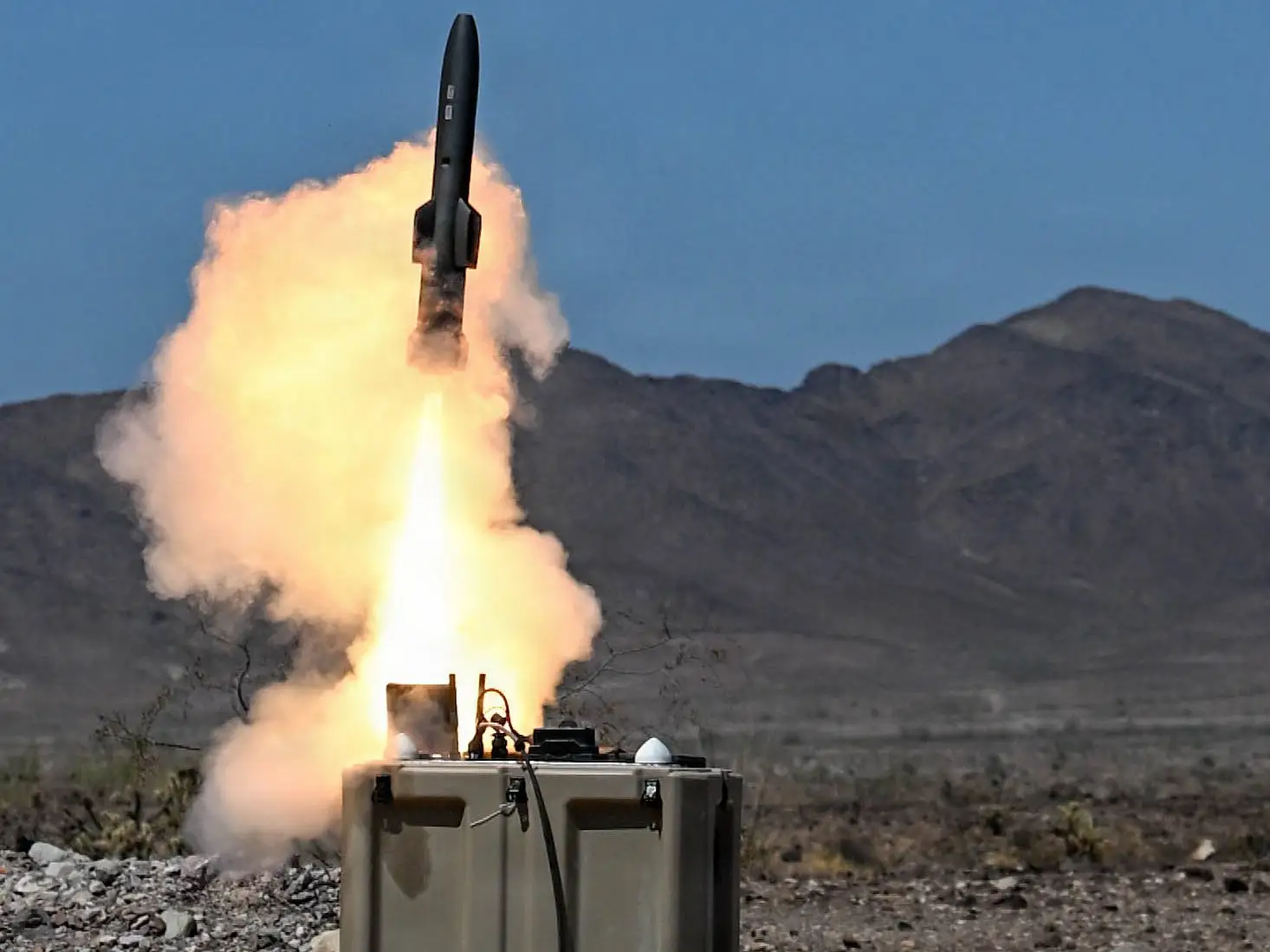 A Portable Kinetic Missile Interceptor System, operated by Perseus Defense, launches an interceptor missile during Exercise Falcon Peak at Cibola Range Site 17, Yuma Proving Ground, Arizona, September 11, 2026.