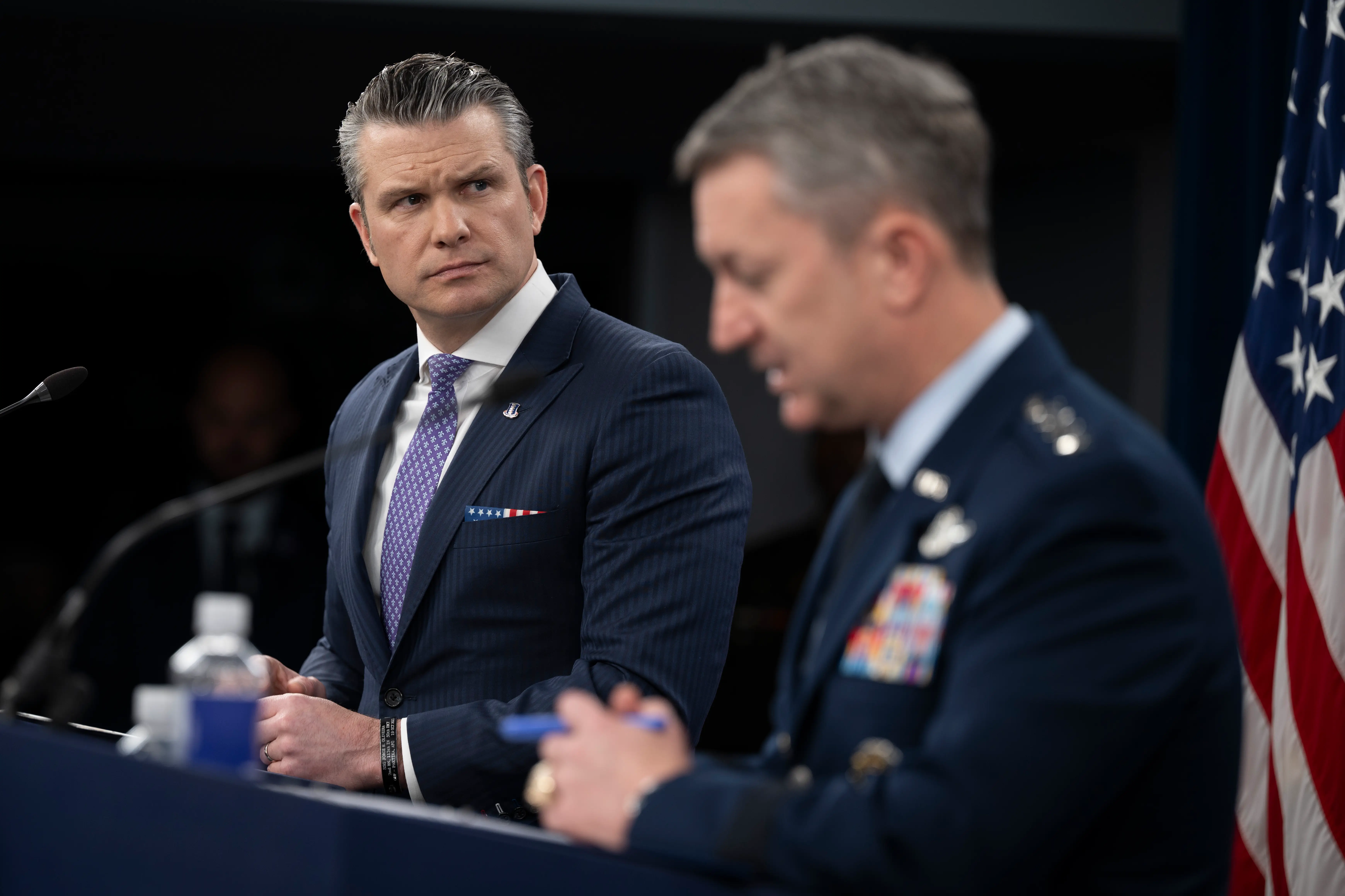 Secretary of Defense Pete Hegseth and Chairman of the Joint Chiefs of Staff Gen. Dan Caine conduct a press briefing on Operation Epic Fury at the Pentagon, Washington, D.C., March 31, 2026. In a significant shift from previous wars, the Pentagon has held a small handful of press conferences this year on the war with Iran.