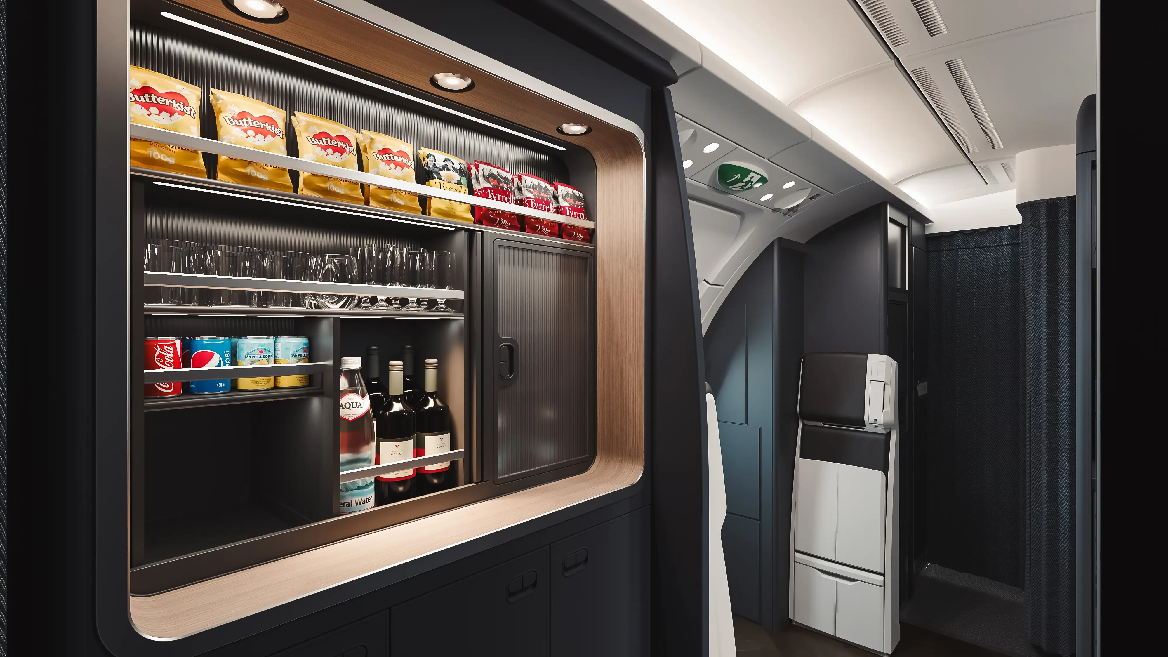 A render of the business-class club kitchen on a British Airways updated A380