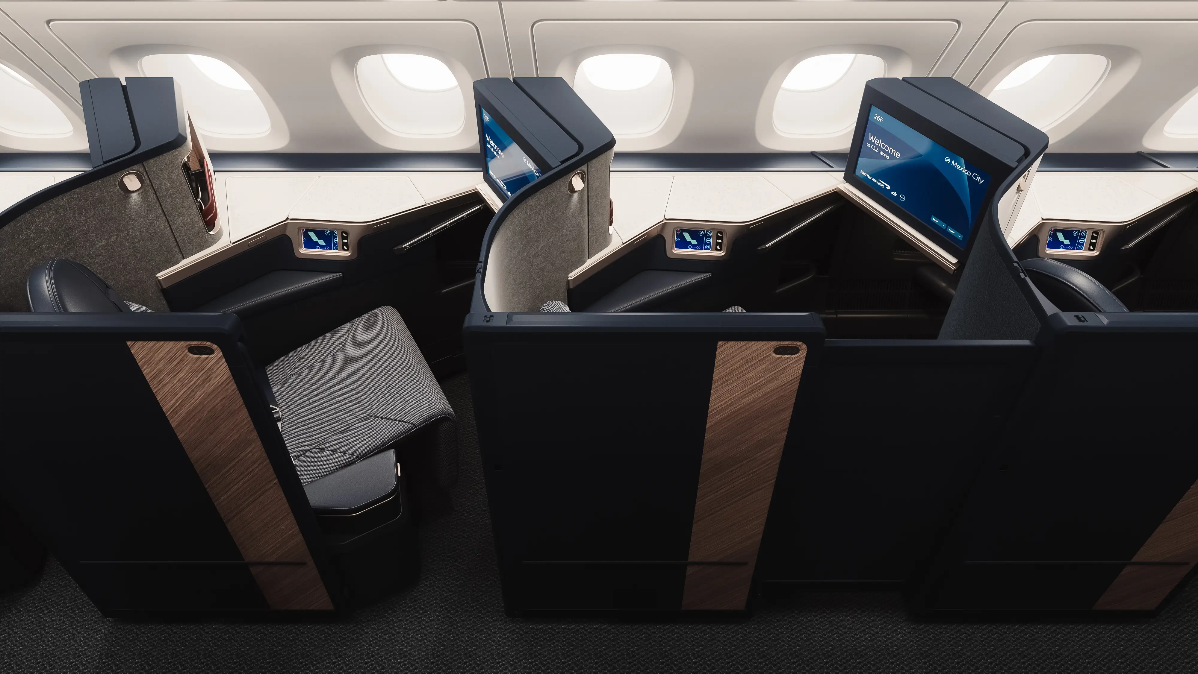 A render of a top view of the business-class cabin on a British Airways updated A380