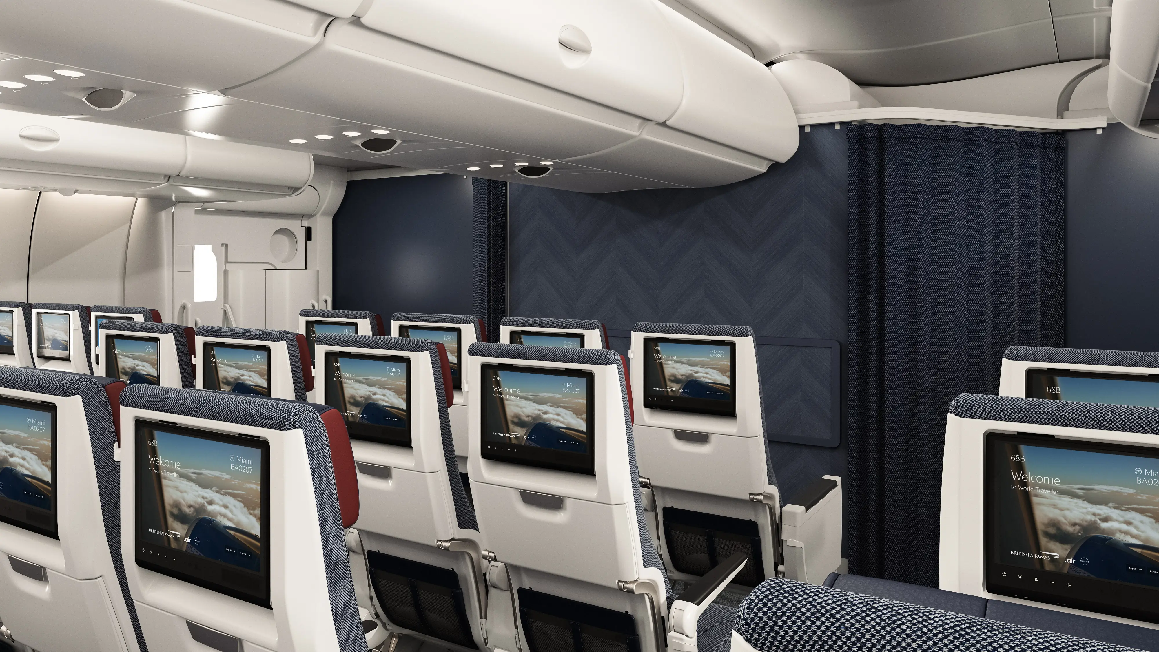 A render of a rear overview of the economy-class cabin on a British Airways updated A380