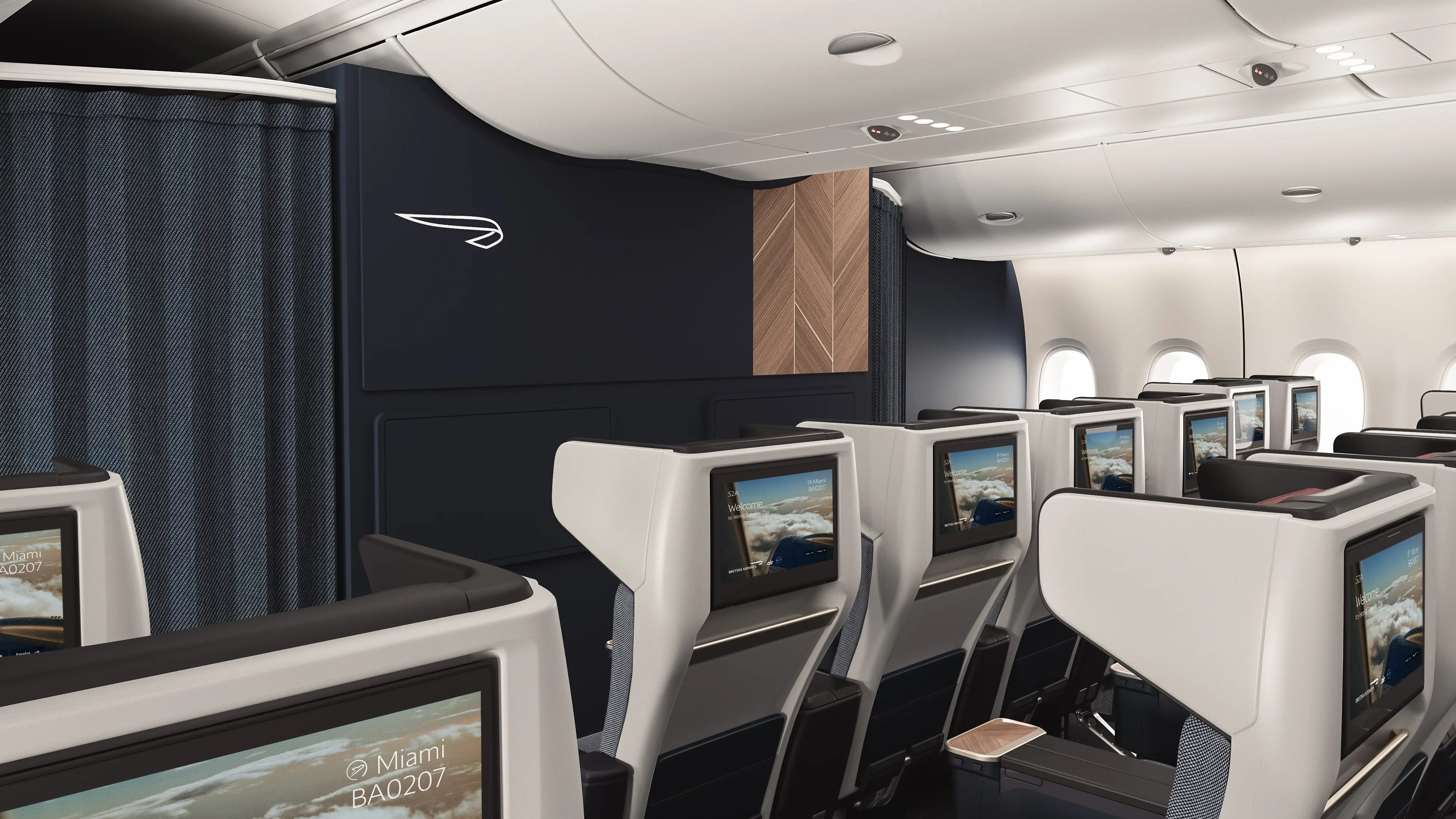 A render of a rear overview of the premium-economy-class cabin on a British Airways updated A380