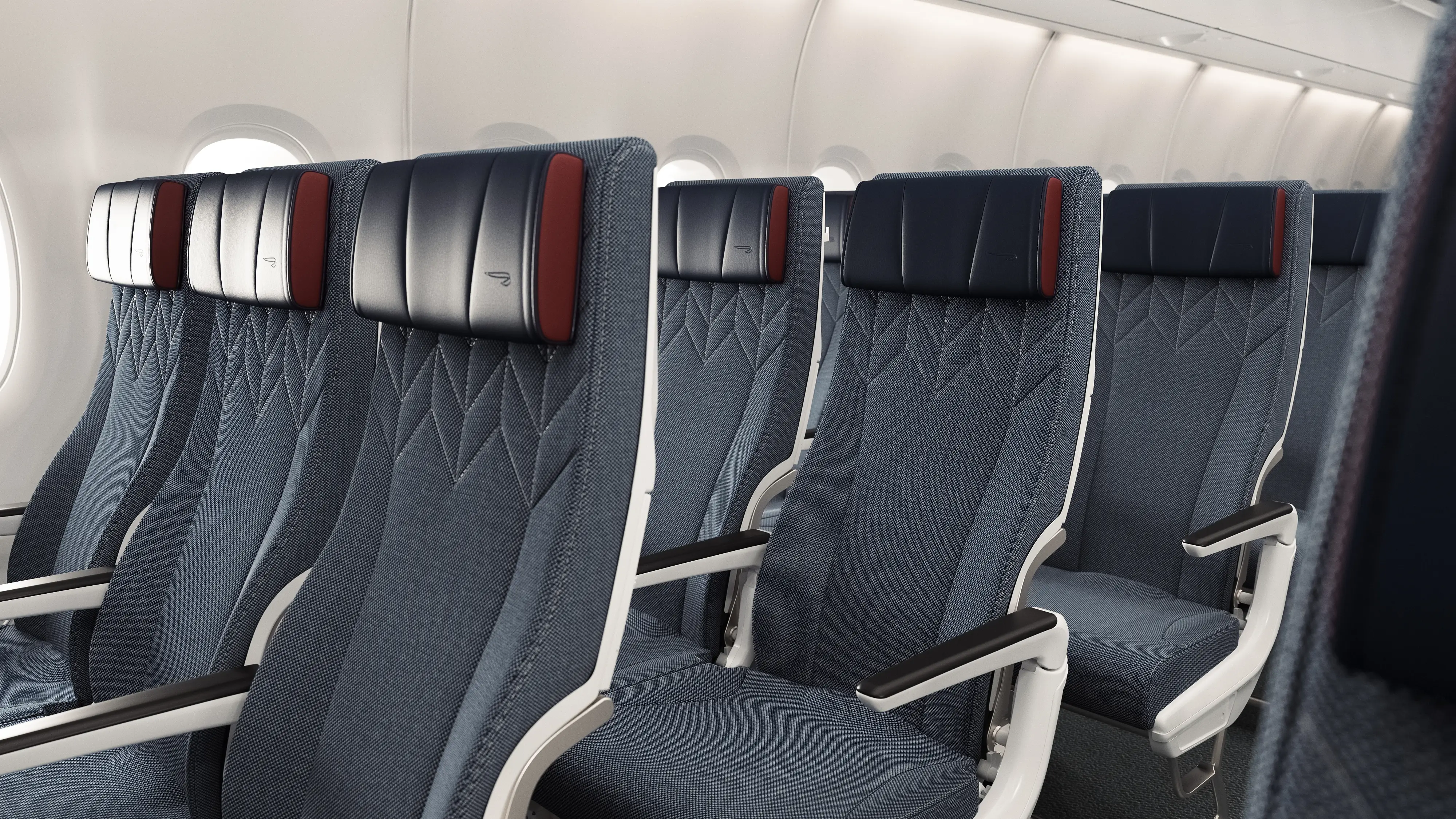 A render of a close view of the economy-class cabin on a British Airways updated A380