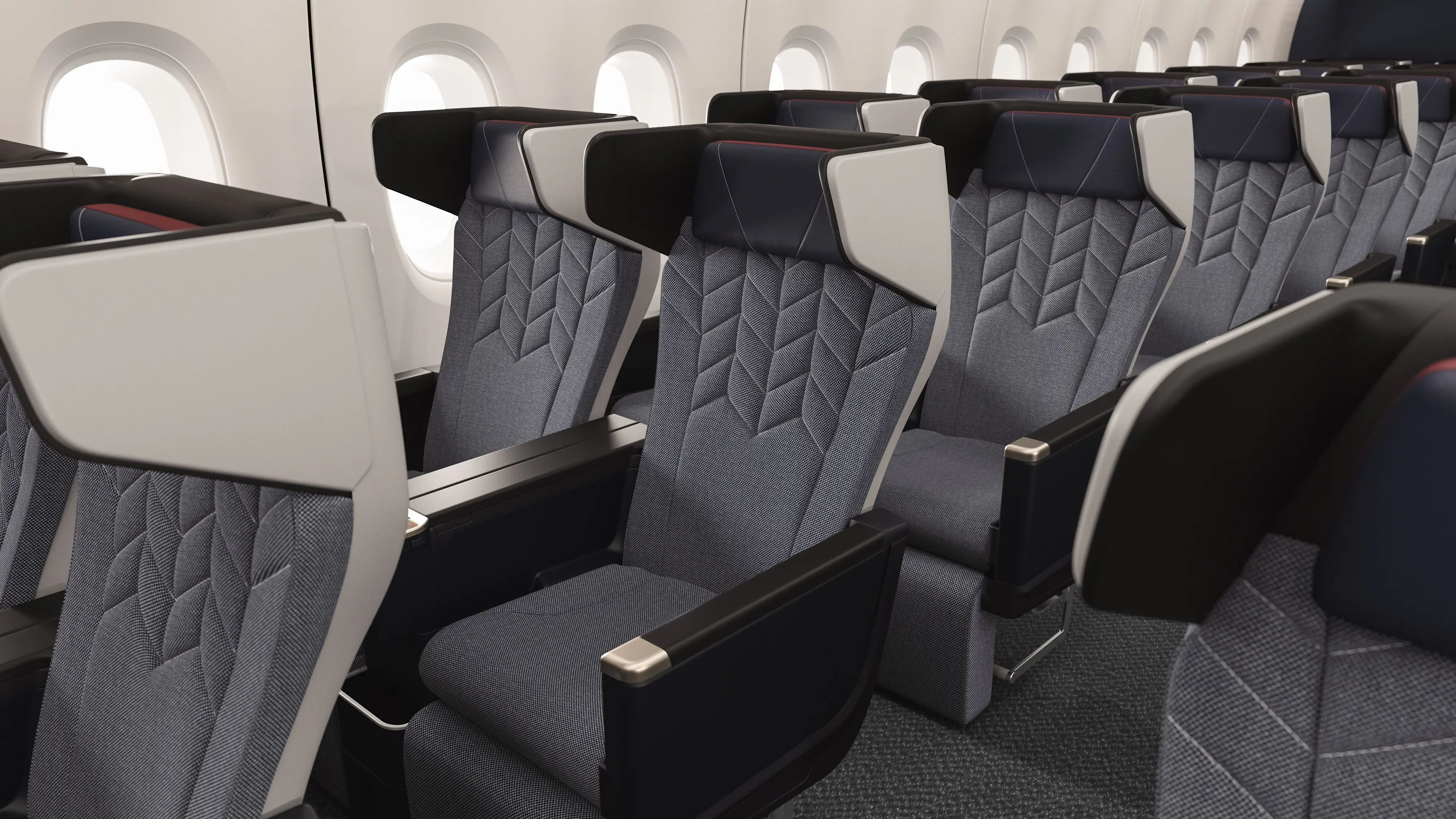A render of a close view of the premium-economy-class cabin on a British Airways updated A380