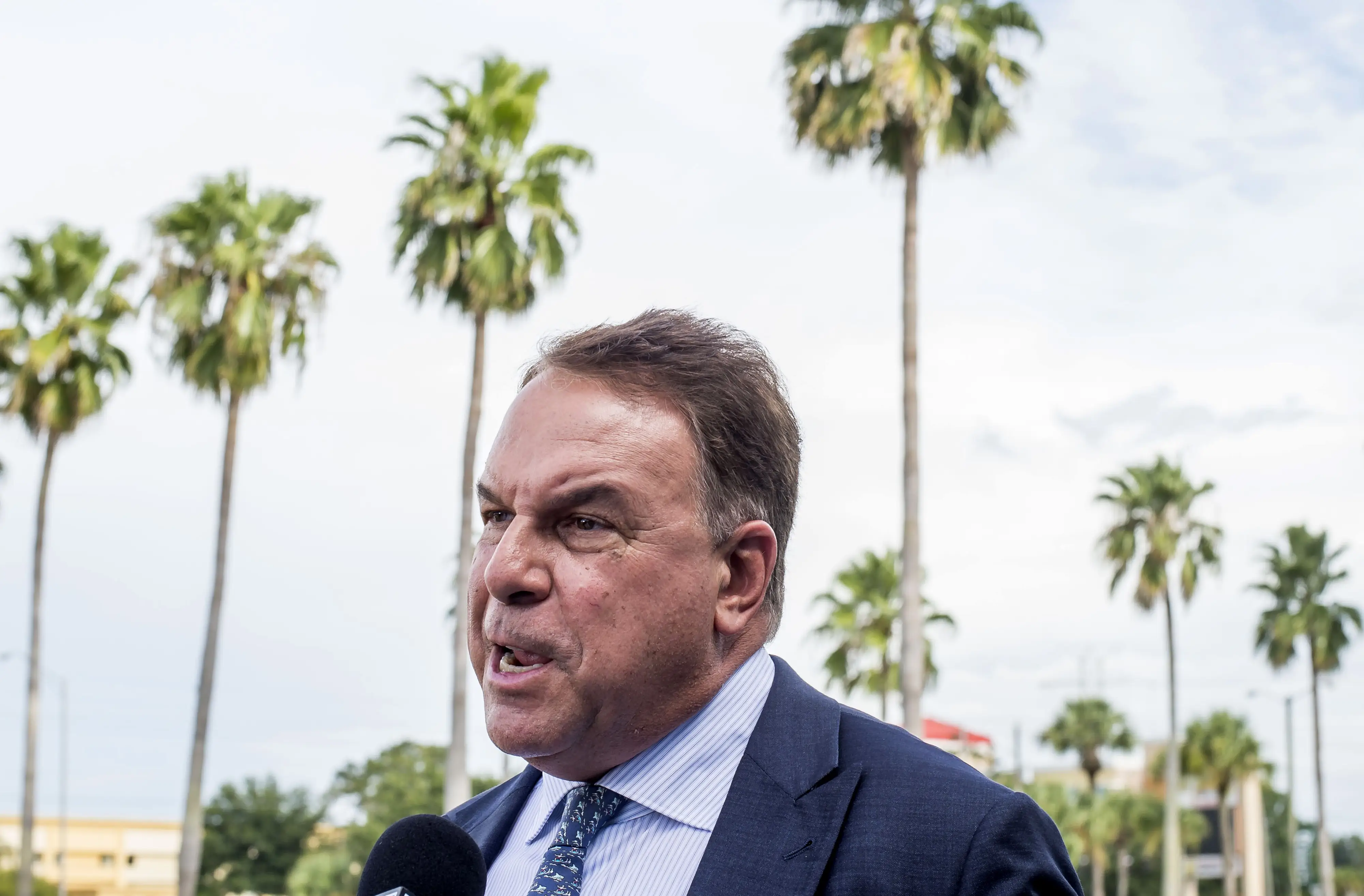 Jeff Greene speaks into a microphone outdoors with tall palm trees in the background.