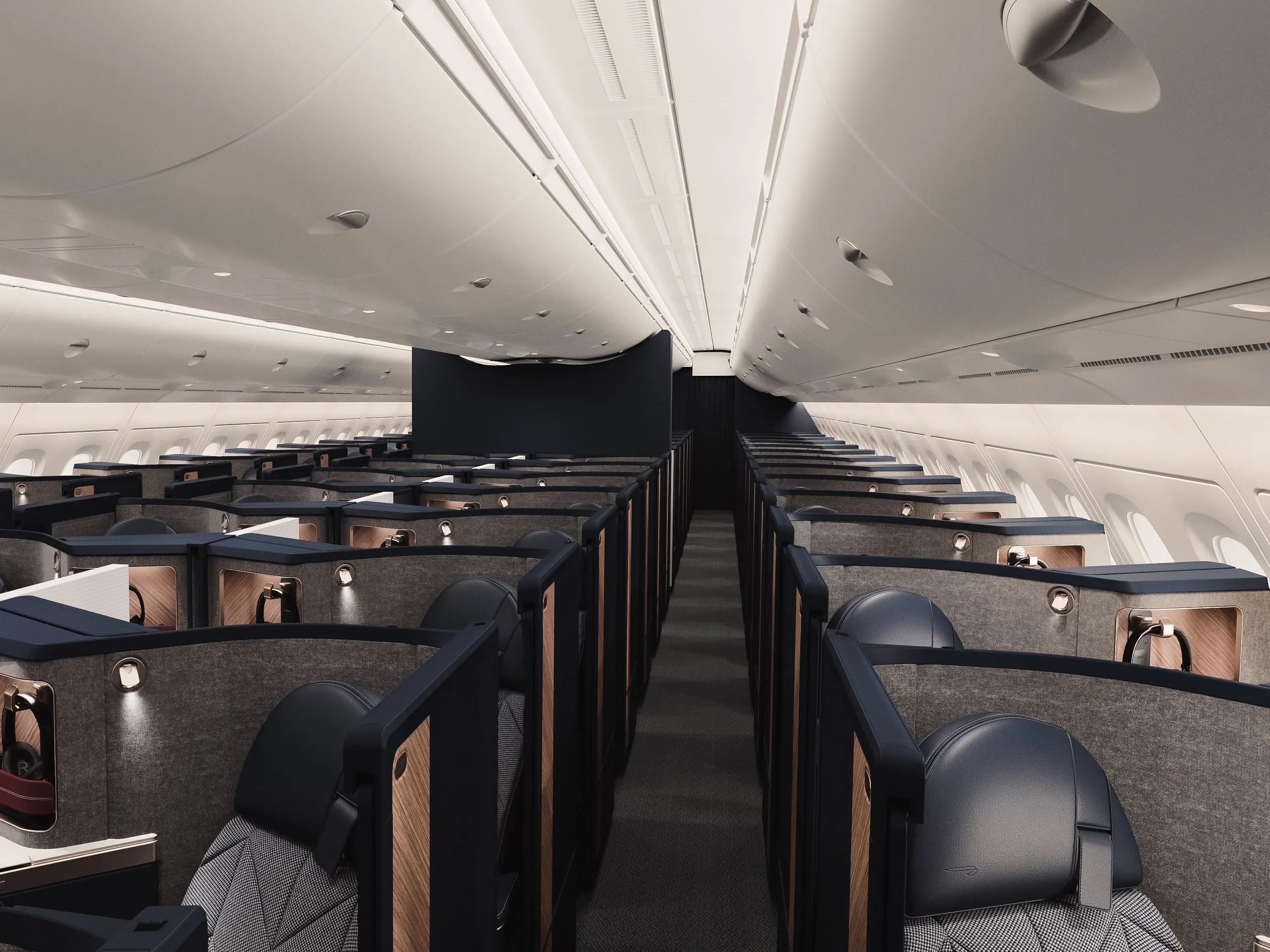 A render of an overview of the business-class cabin on a British Airways updated A380