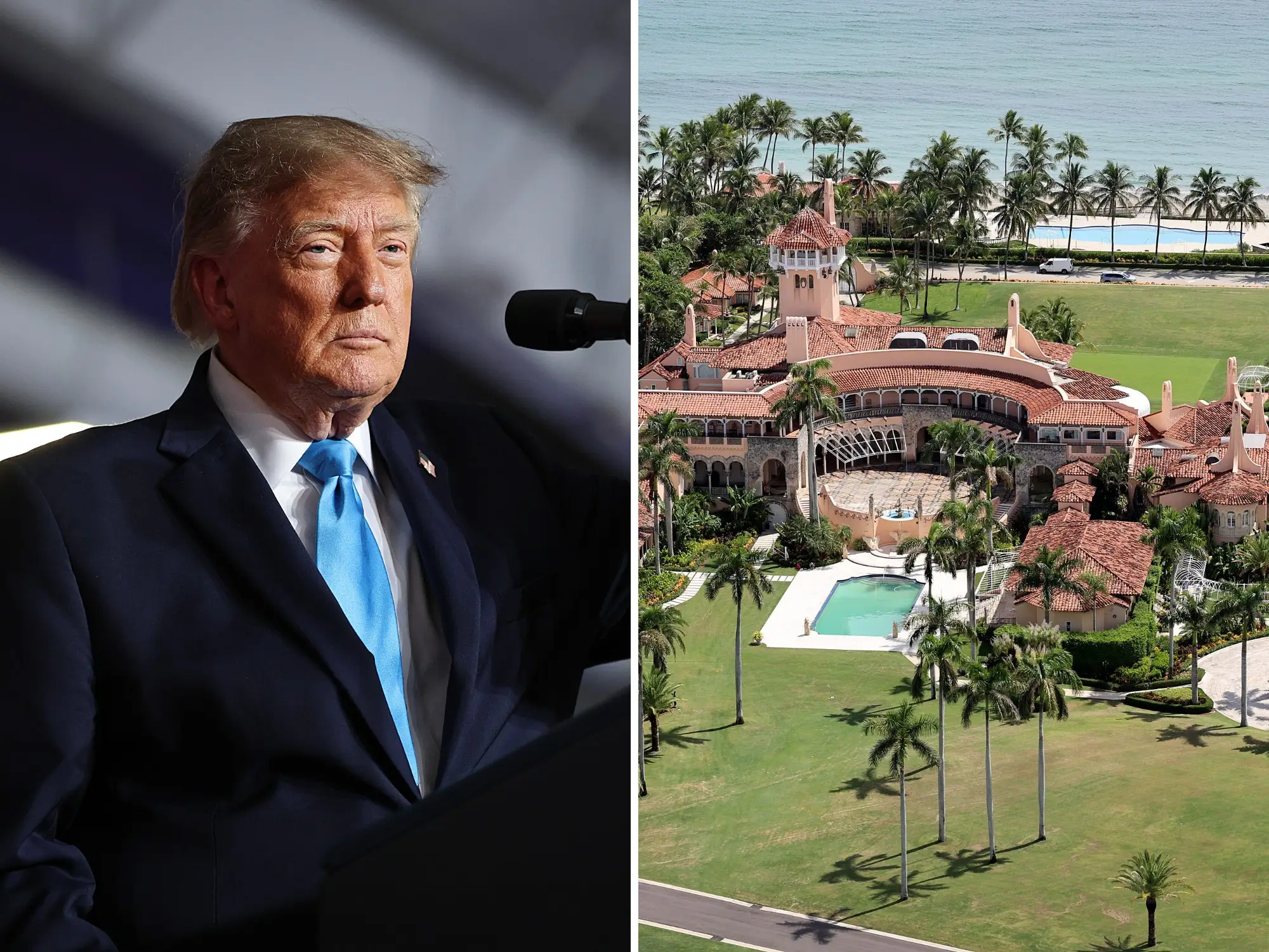 Donald Trump stands at a microphone beside an aerial view of the Mar-a-Lago estate in Palm Beach.