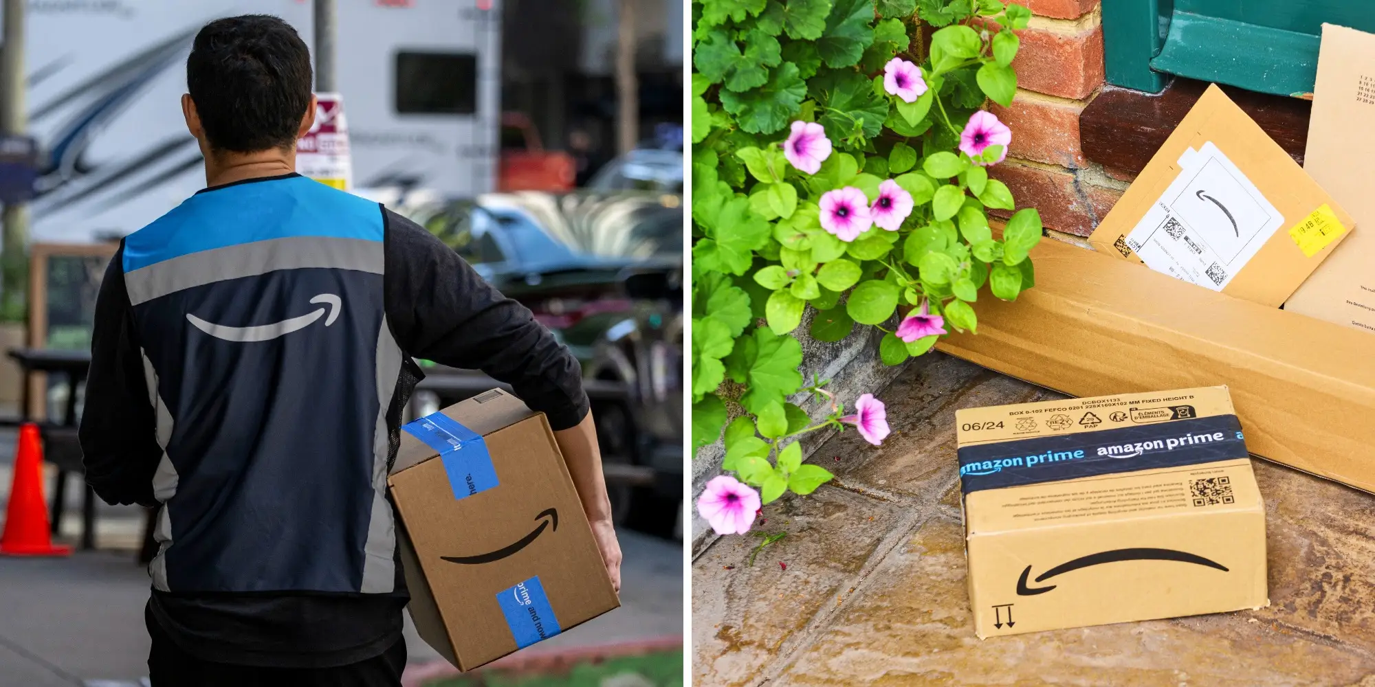 Left: an Amazon delivery worker carries a package in his right arm. Right: several Amazon packages waiting at a doorstep.