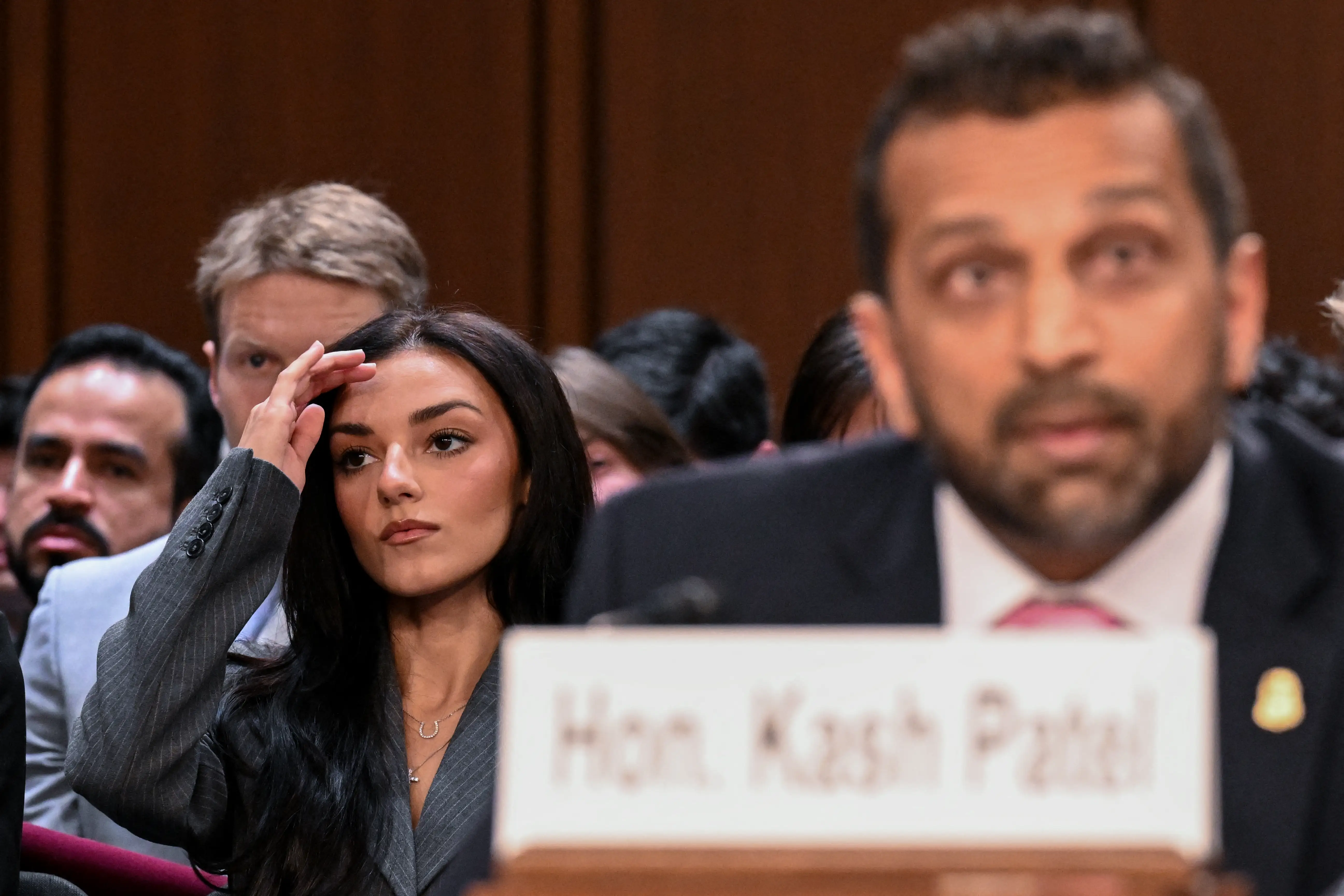 Kash Patel testified during a Senate Judiciary Committee hearing on FBI oversight, with Alexis Wilkins in the audience.