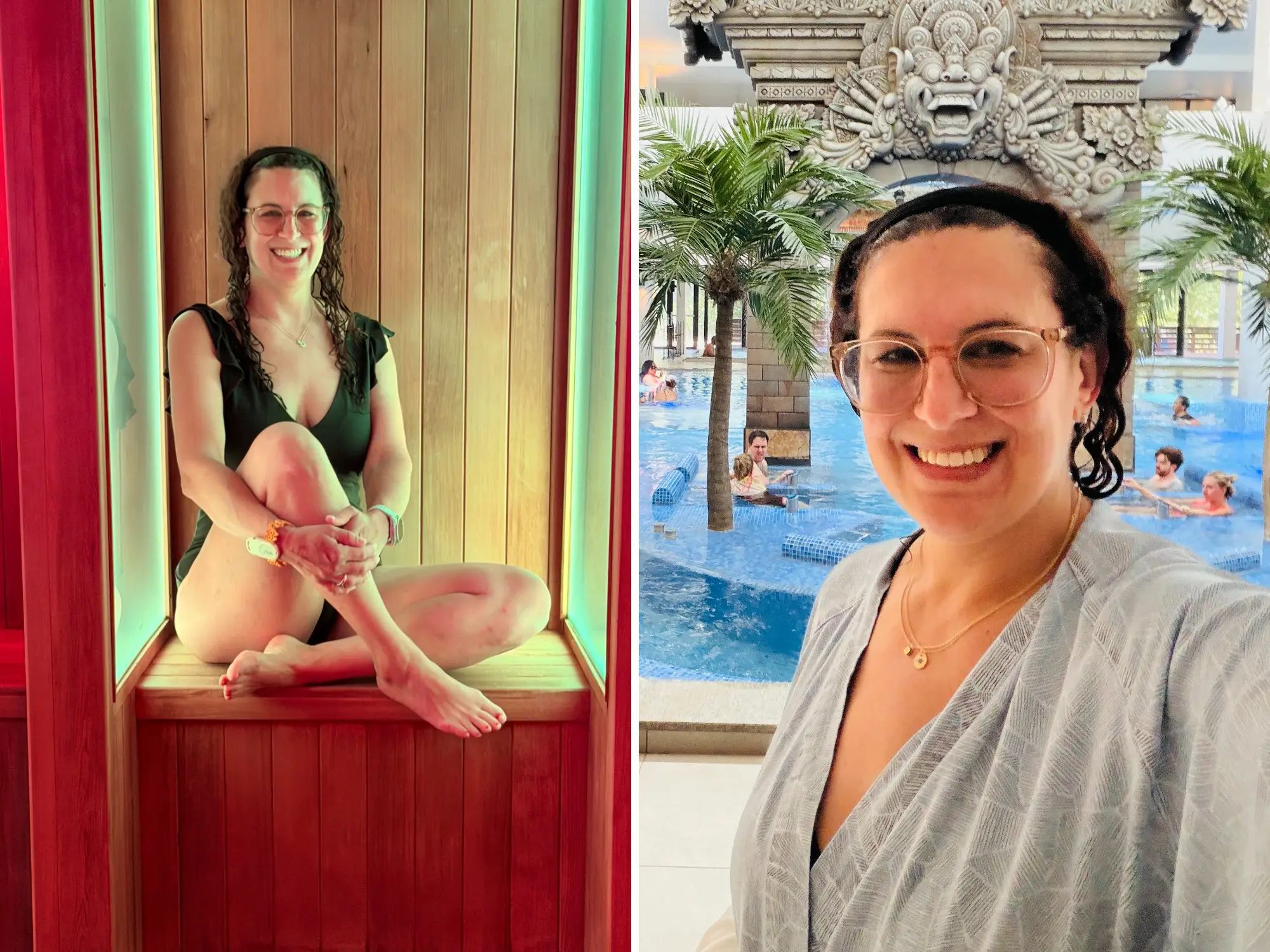 composite image, on the left the author is sitting in an infrared sauna. on the right she is in front of a pool at a wellness facility.
