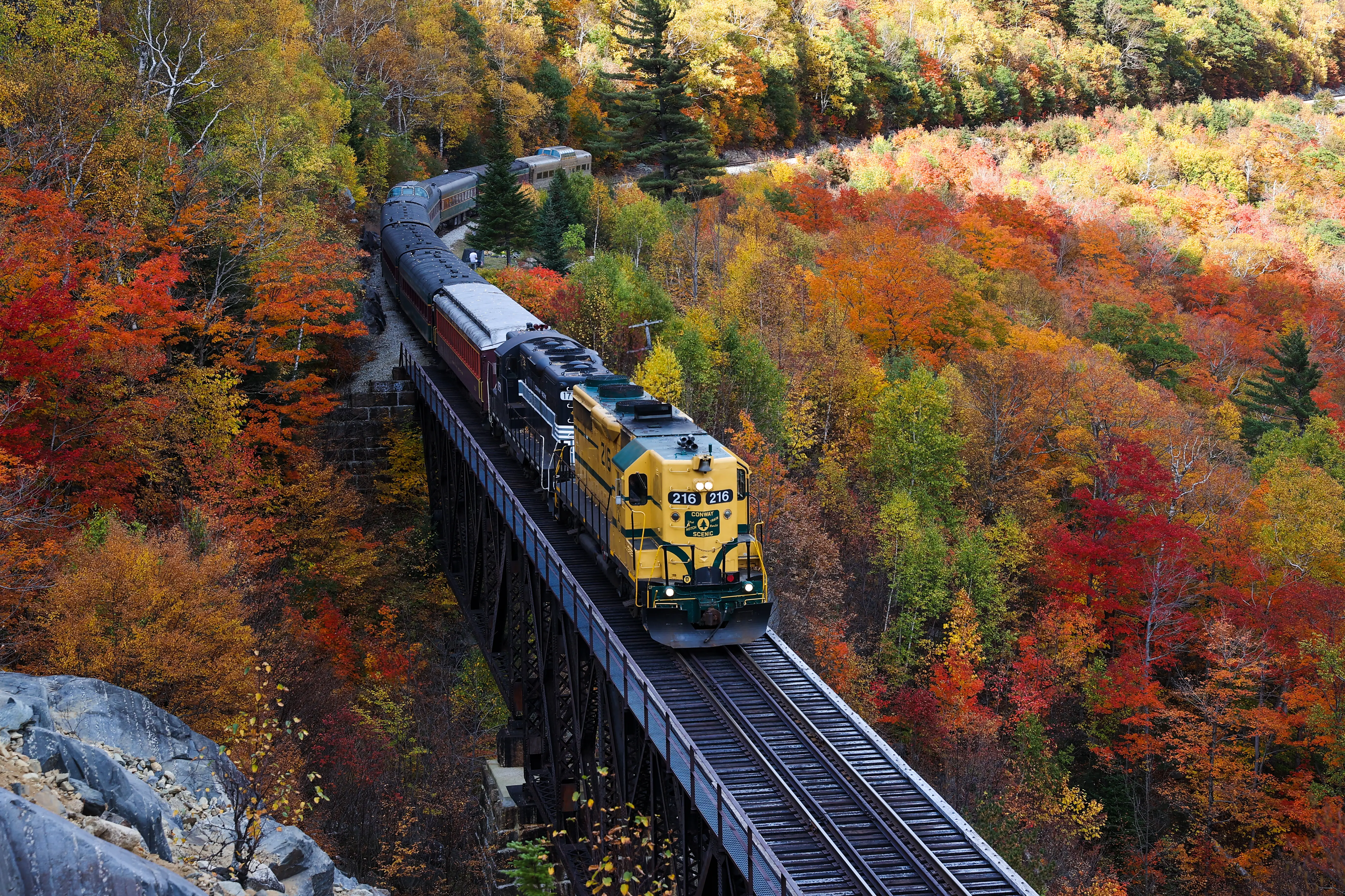 A train travels through fall foliage in New Hampshire.