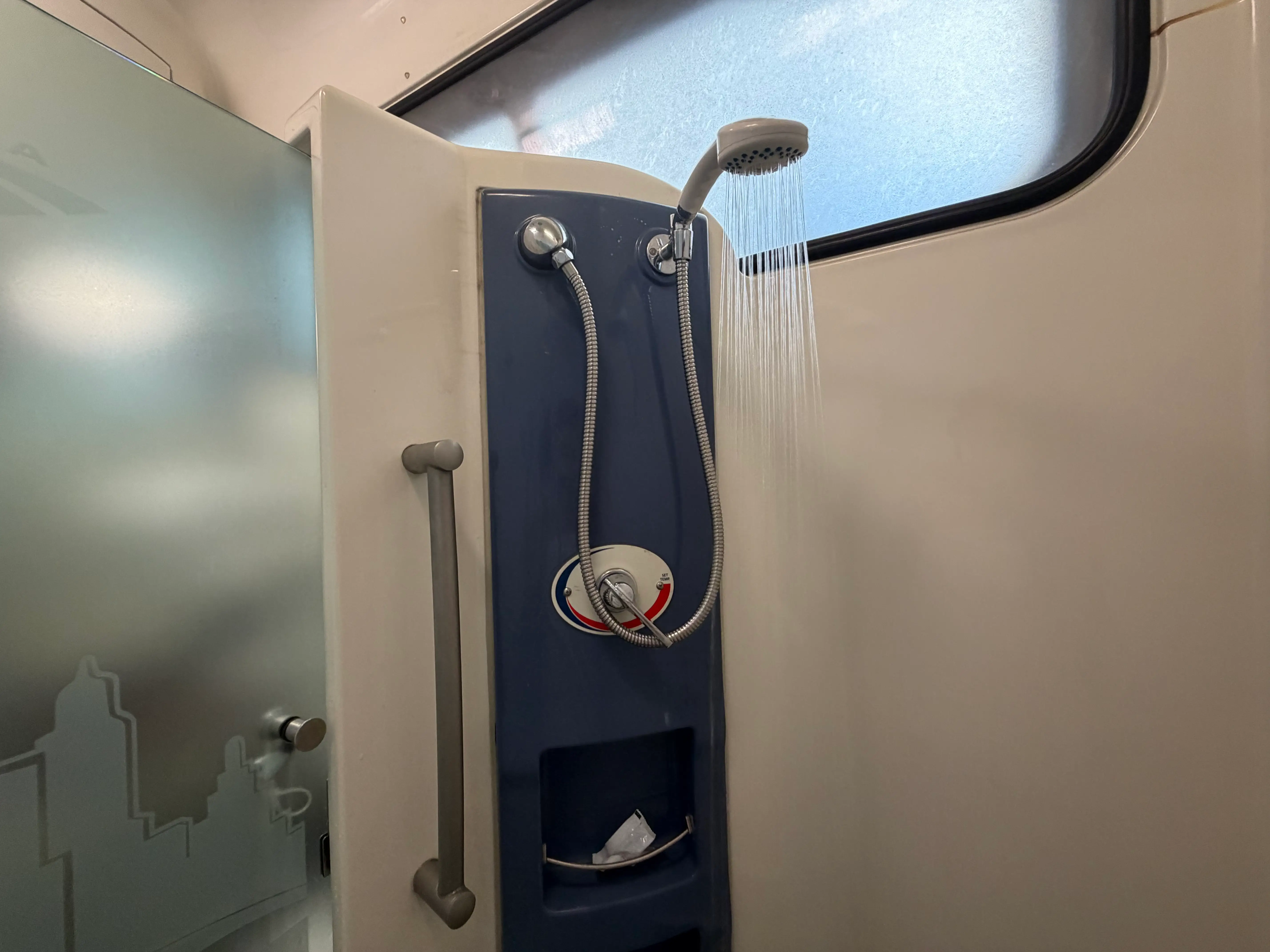 Shower inside Amtrak private room car