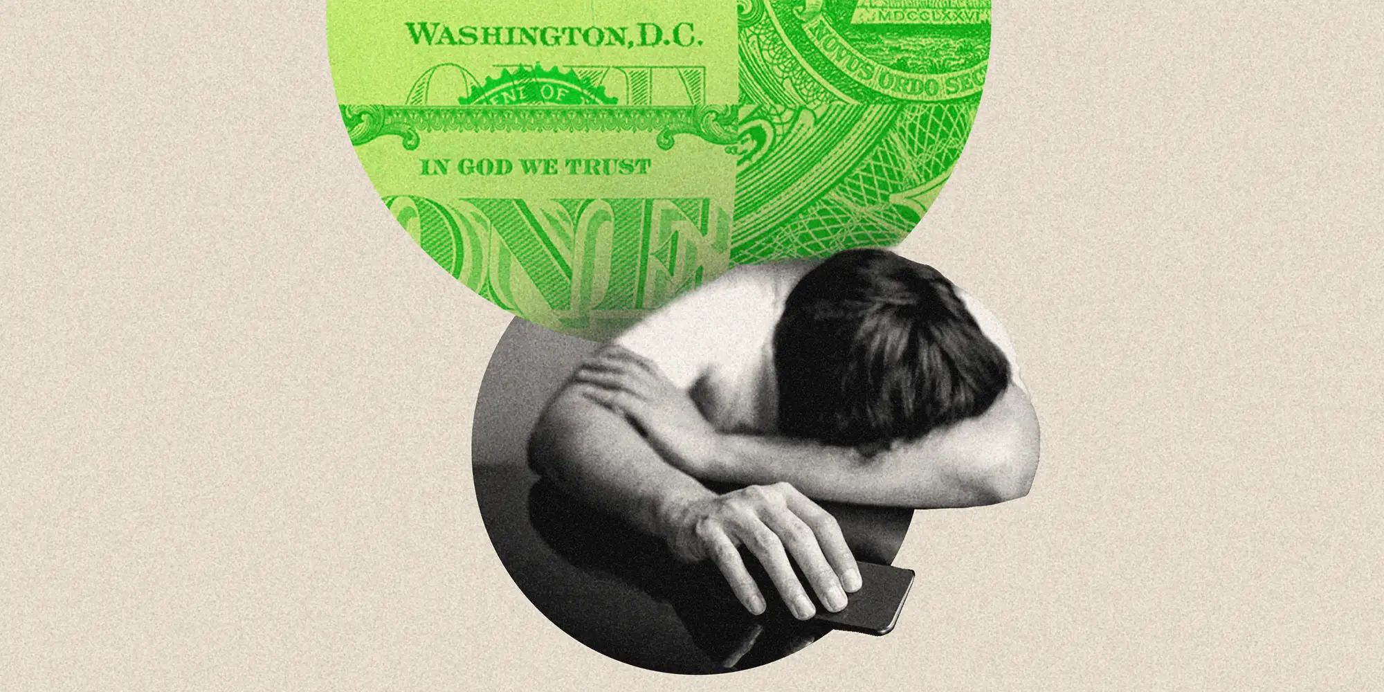 Person rests face down on a table beside a smartphone, with a boulder shaded green U.S. dollar bill hovering above