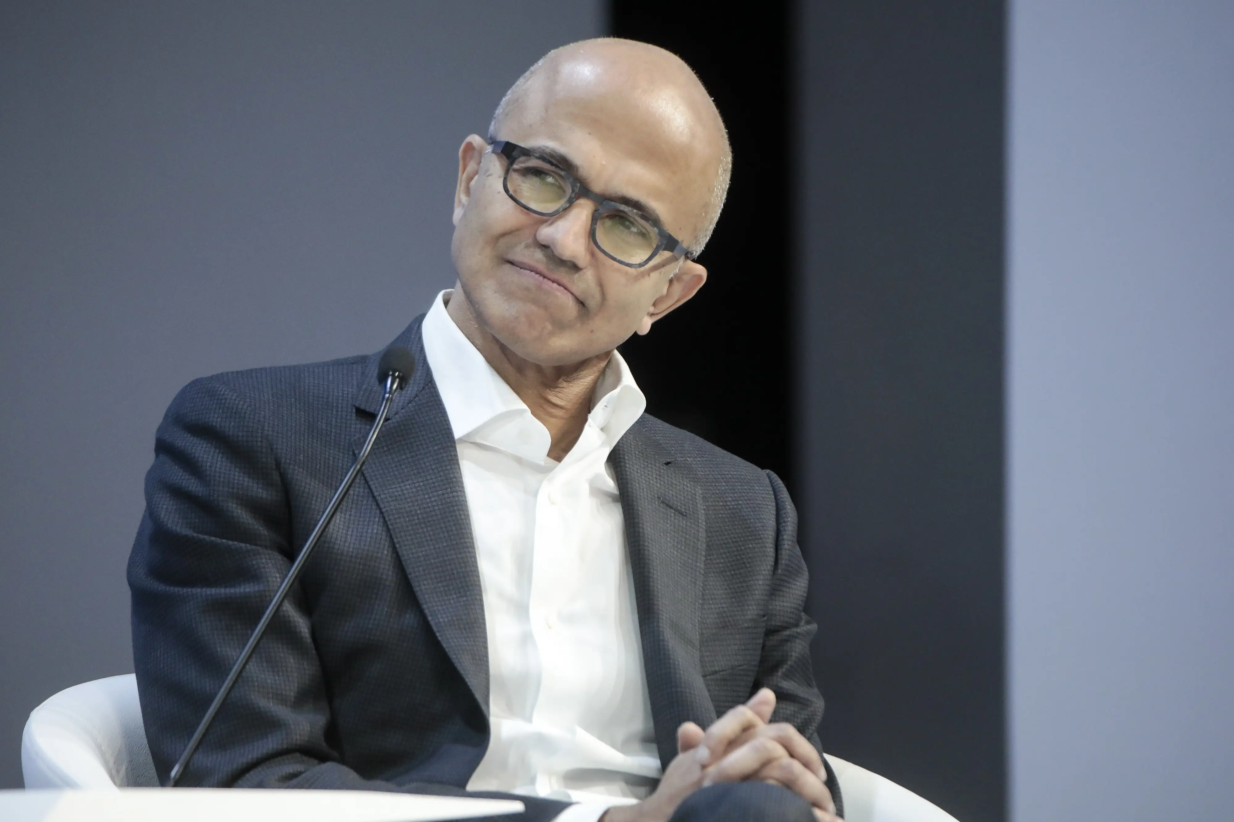 Satya Nadella looks on during the World Economic Forum