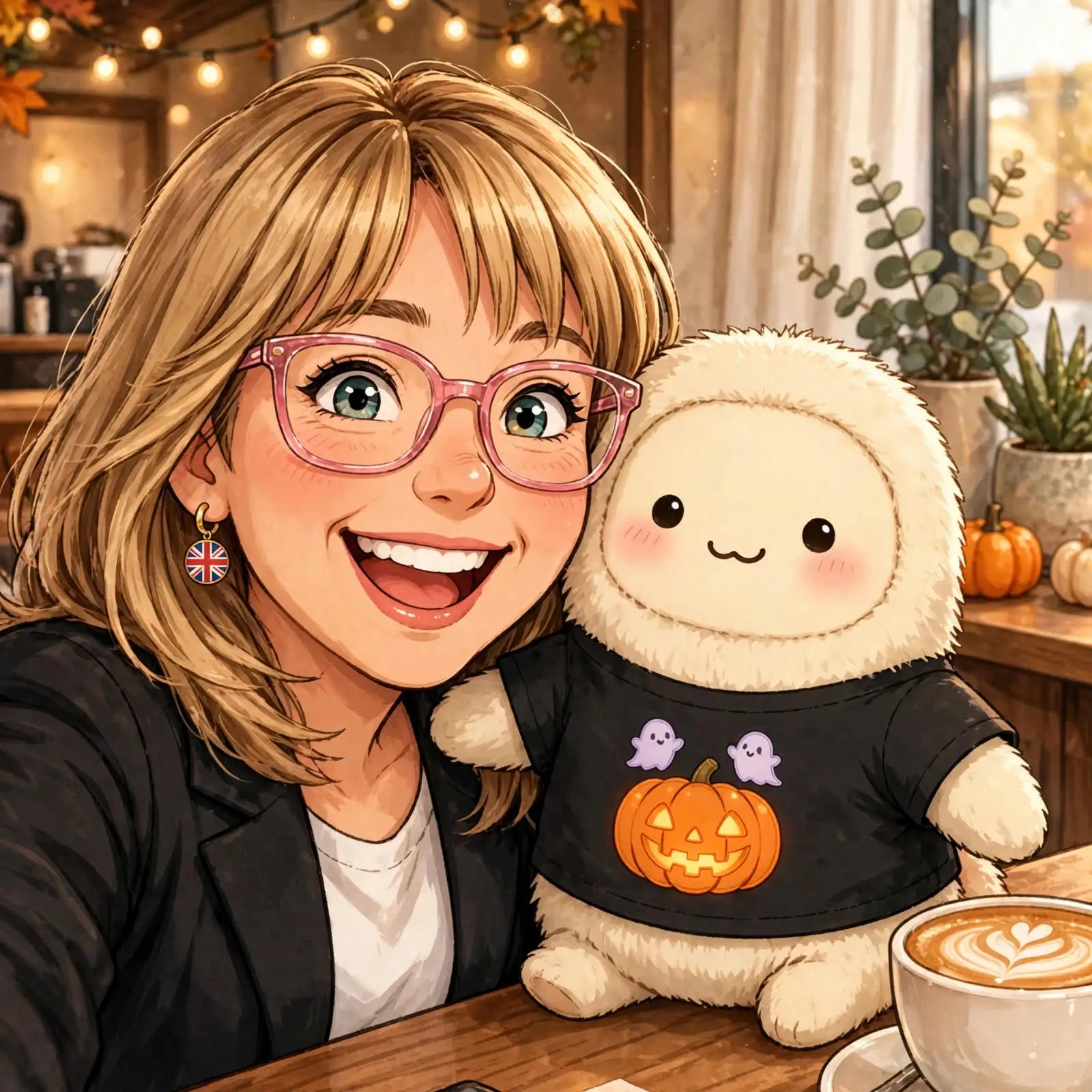 Smiling illustrated person with pink glasses poses beside a plush toy in a Halloween shirt at a cozy cafe.