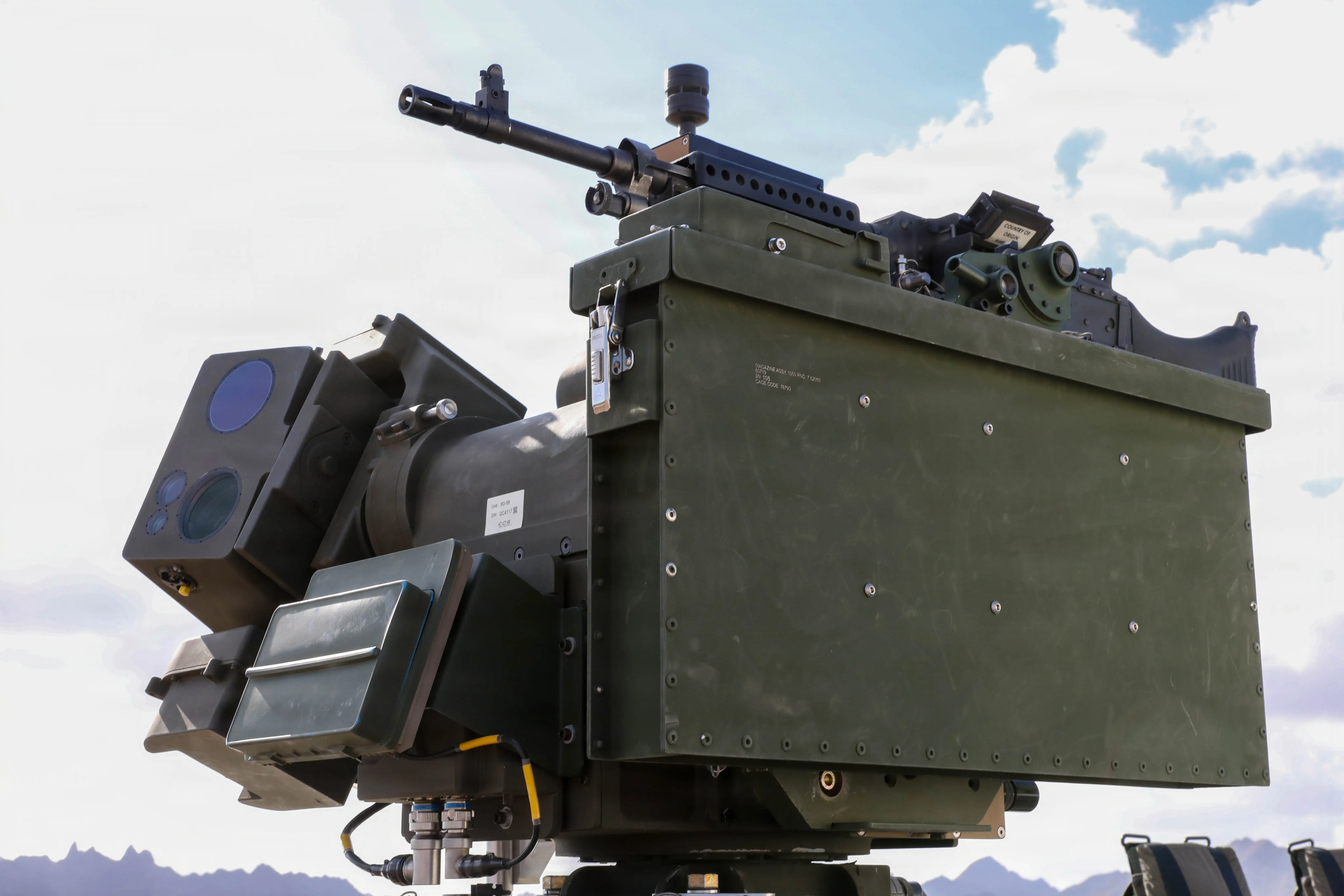 An electro-optic system is seen in the desert during a US exercise for countering drones at the southern border.