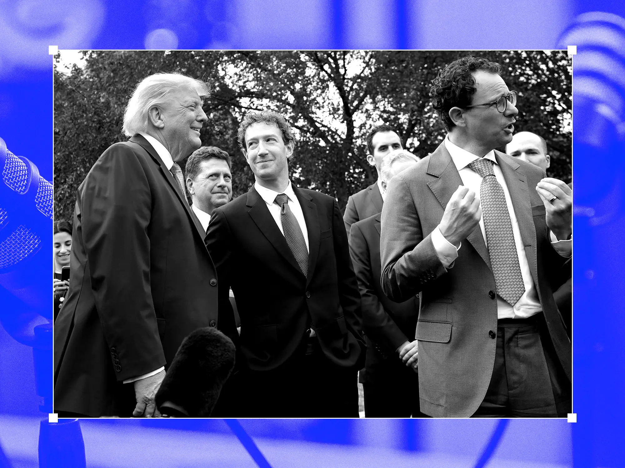 President Donald Trump and Meta CEO Mark Zuckerberg listen as Dario Amodei speaks