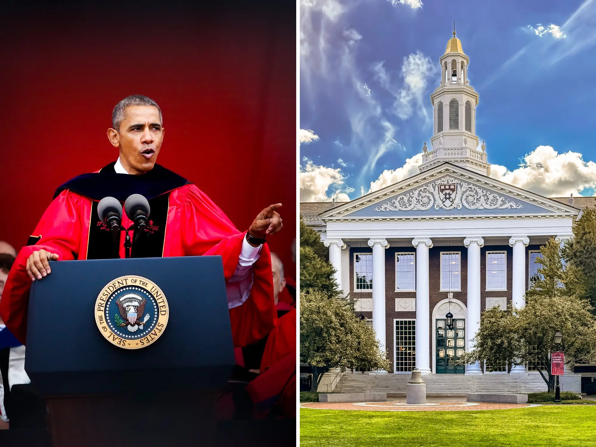 Barack Obama speaks at a presidential podium beside a Harvard University building with a cupola and columns.