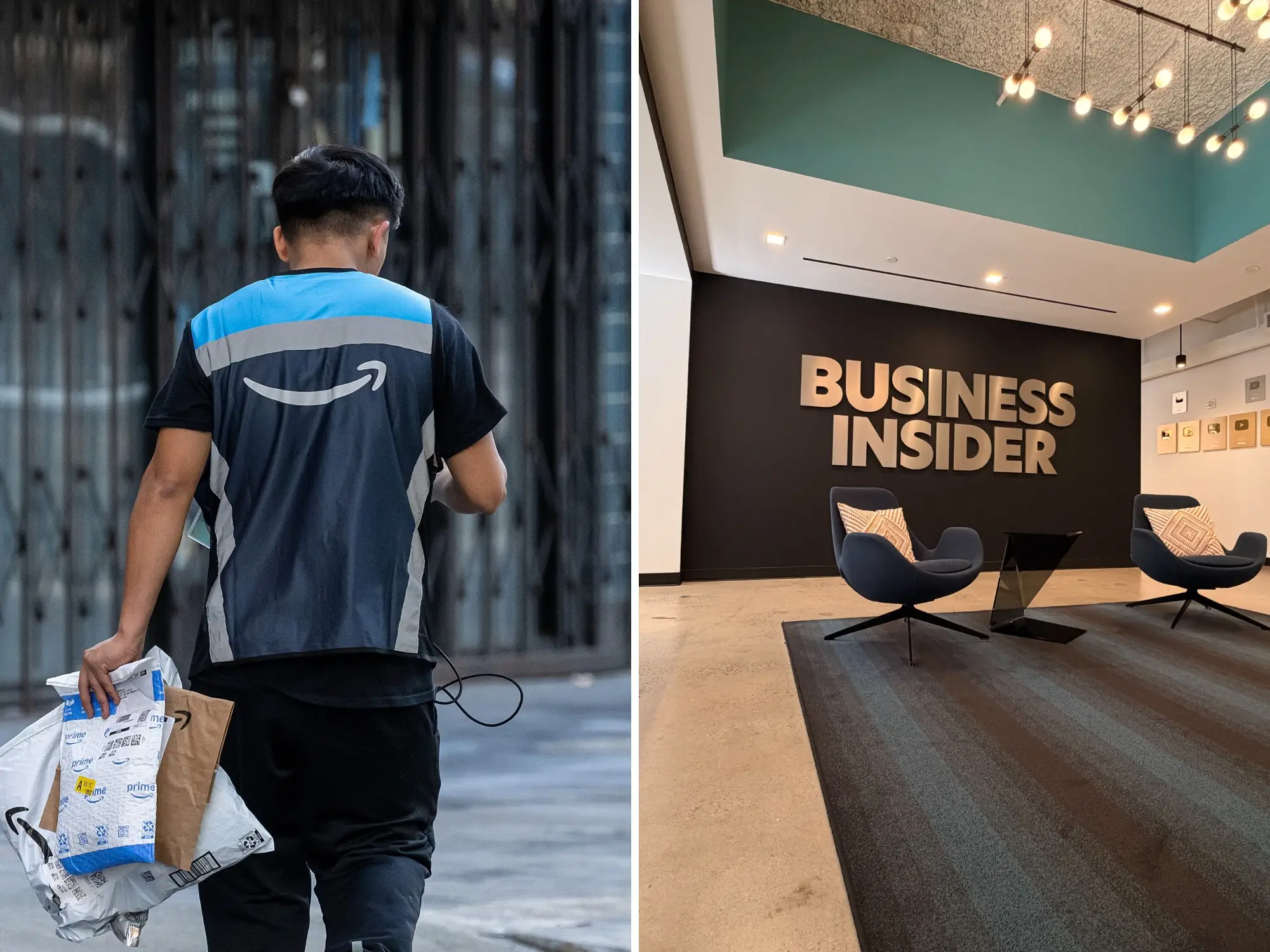 Left: An Amazon employee holds several packages in his left hand. Right: A Business Insider placard in the office.