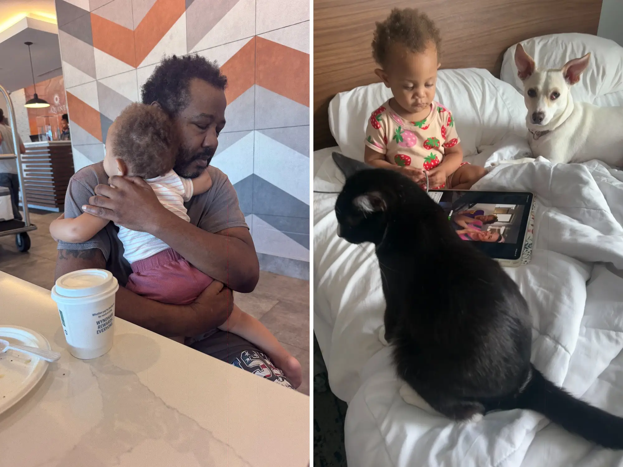Adult holds a small child in a cafe beside a second scene with a child, cat, dog, and tablet on a bed.