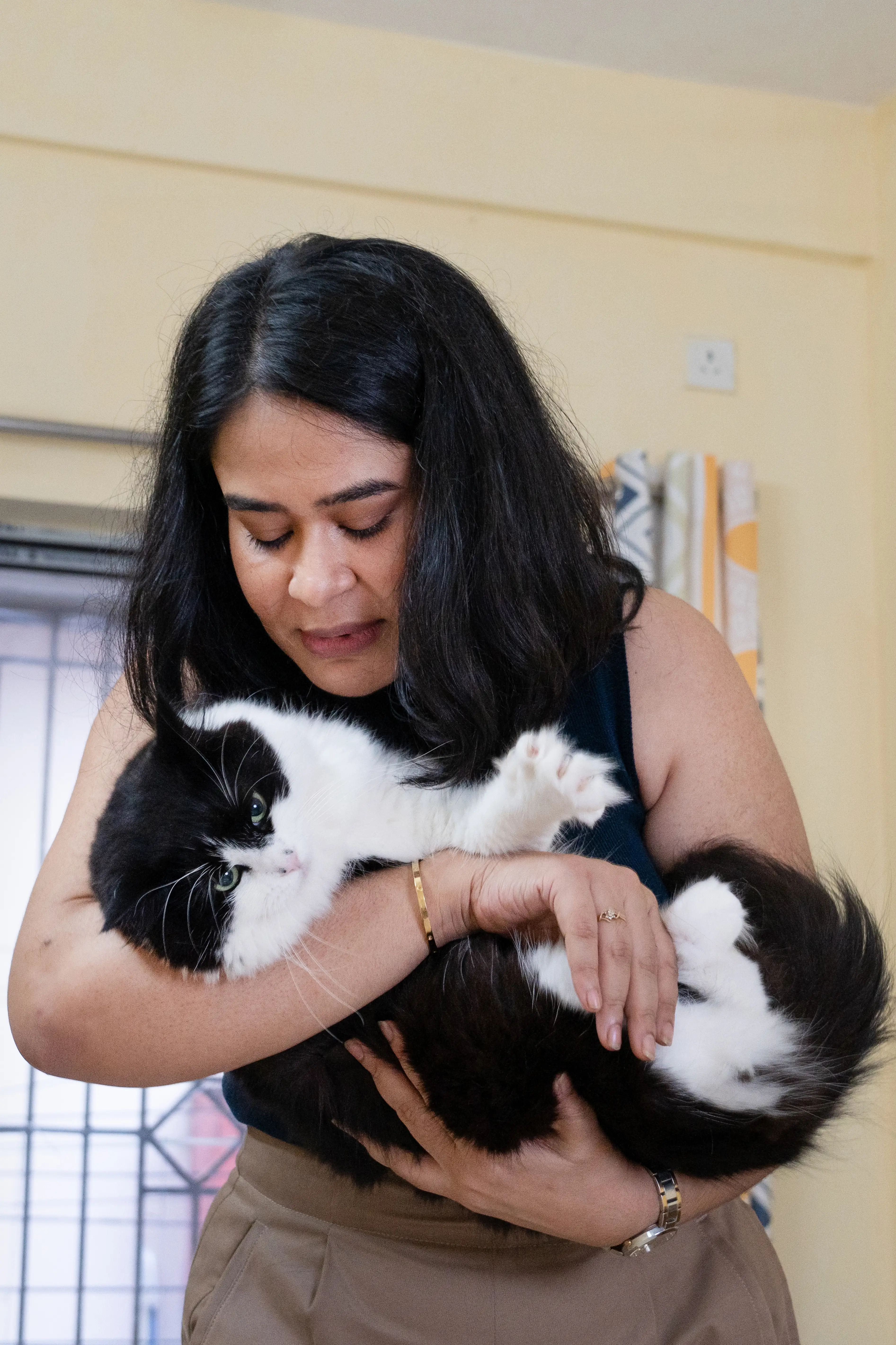 Person holds a fluffy black-and-white cat in a softly lit indoor room.