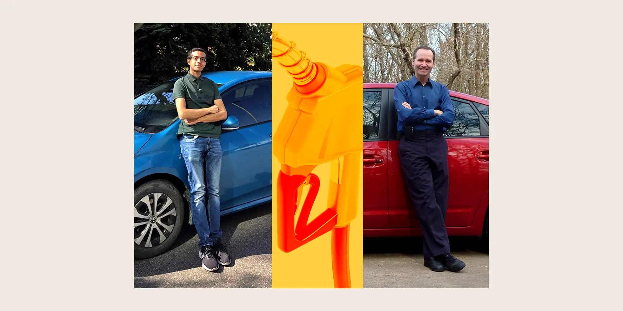 Two people stand beside blue and red cars with a large orange fuel pump nozzle graphic between them.