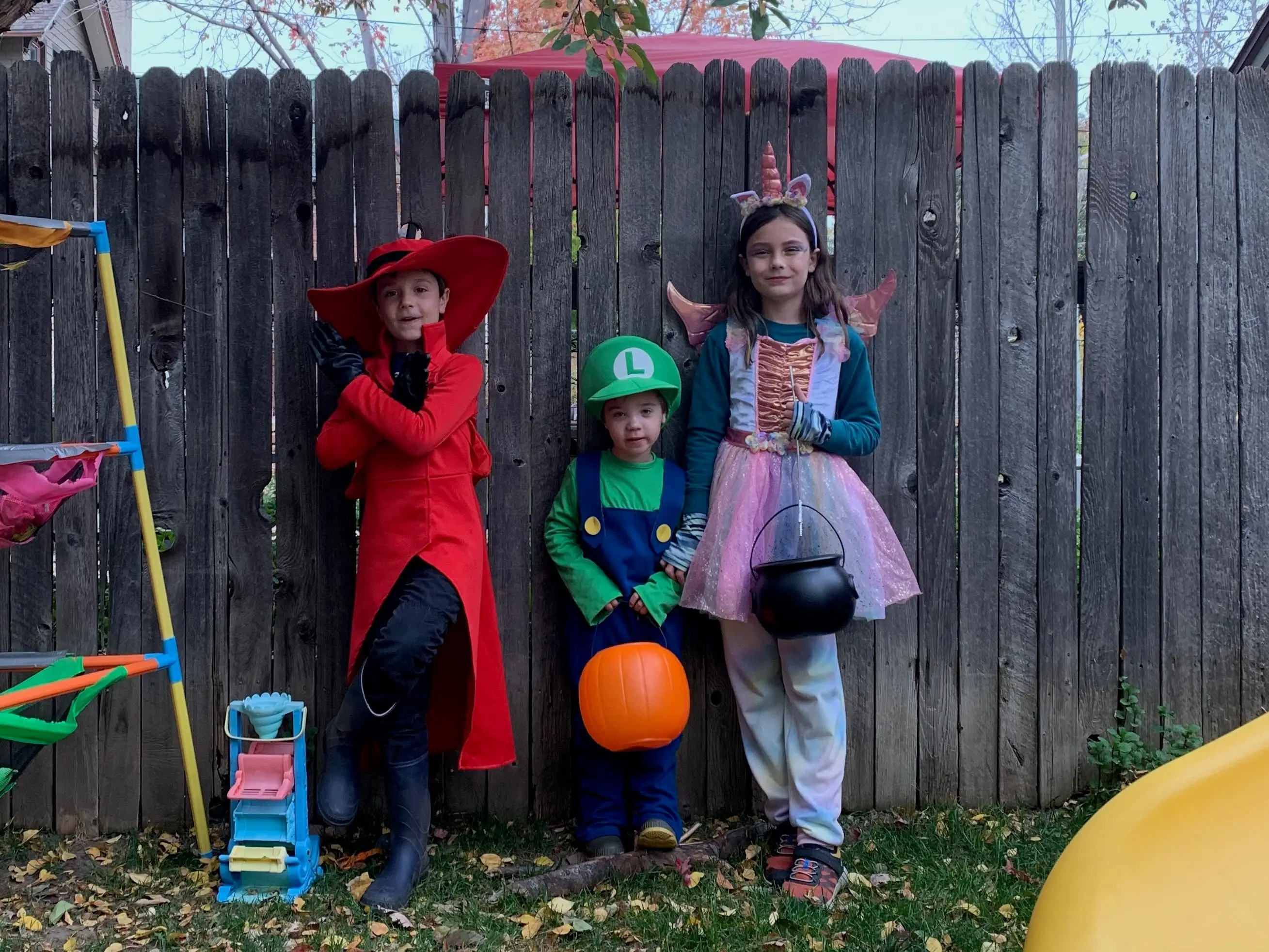 the author's kids wearing costumes and standing against a wooden fence