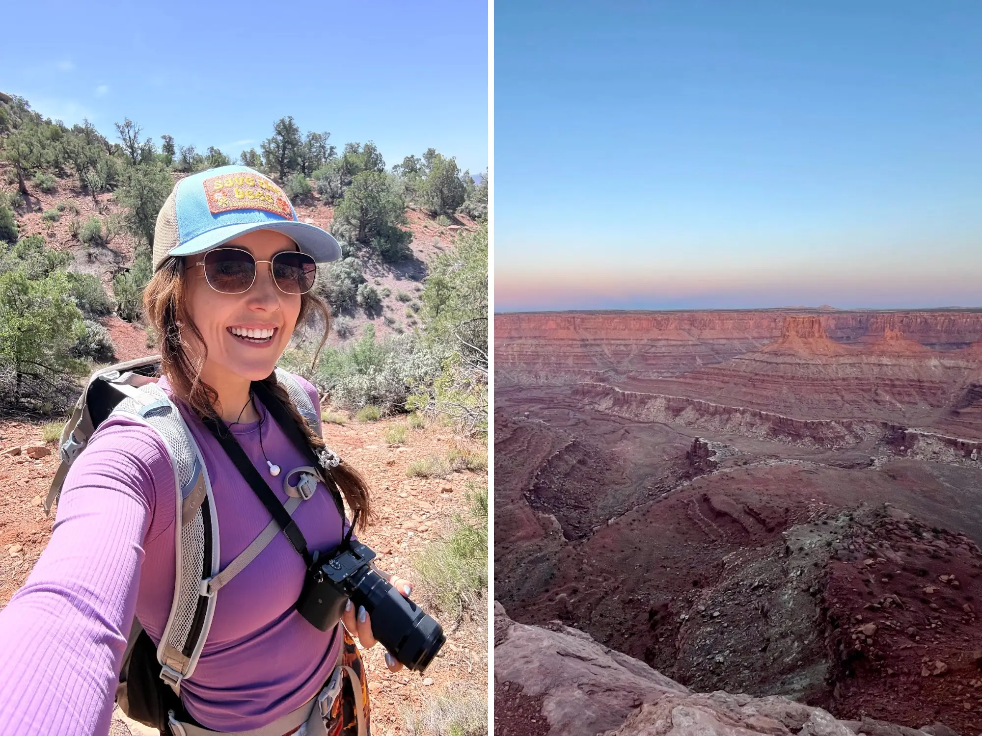 A side-by-side of the writer standing on a trail in Utah and an image of Dead Horse Point State Park in Utah.