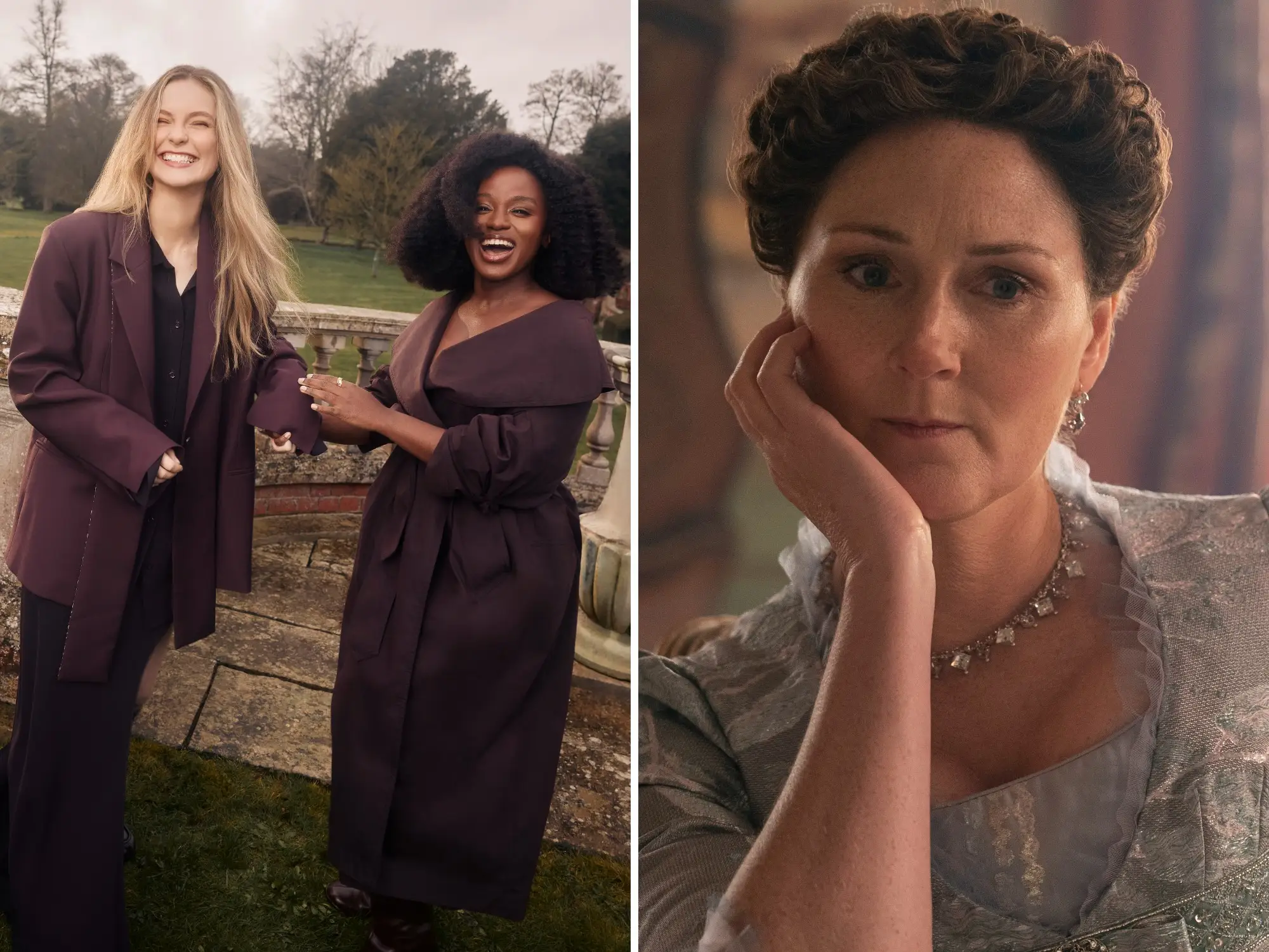 Hannah Dodd and Masali Baduza pose outdoors beside Ruth Gemmell in period costume.
