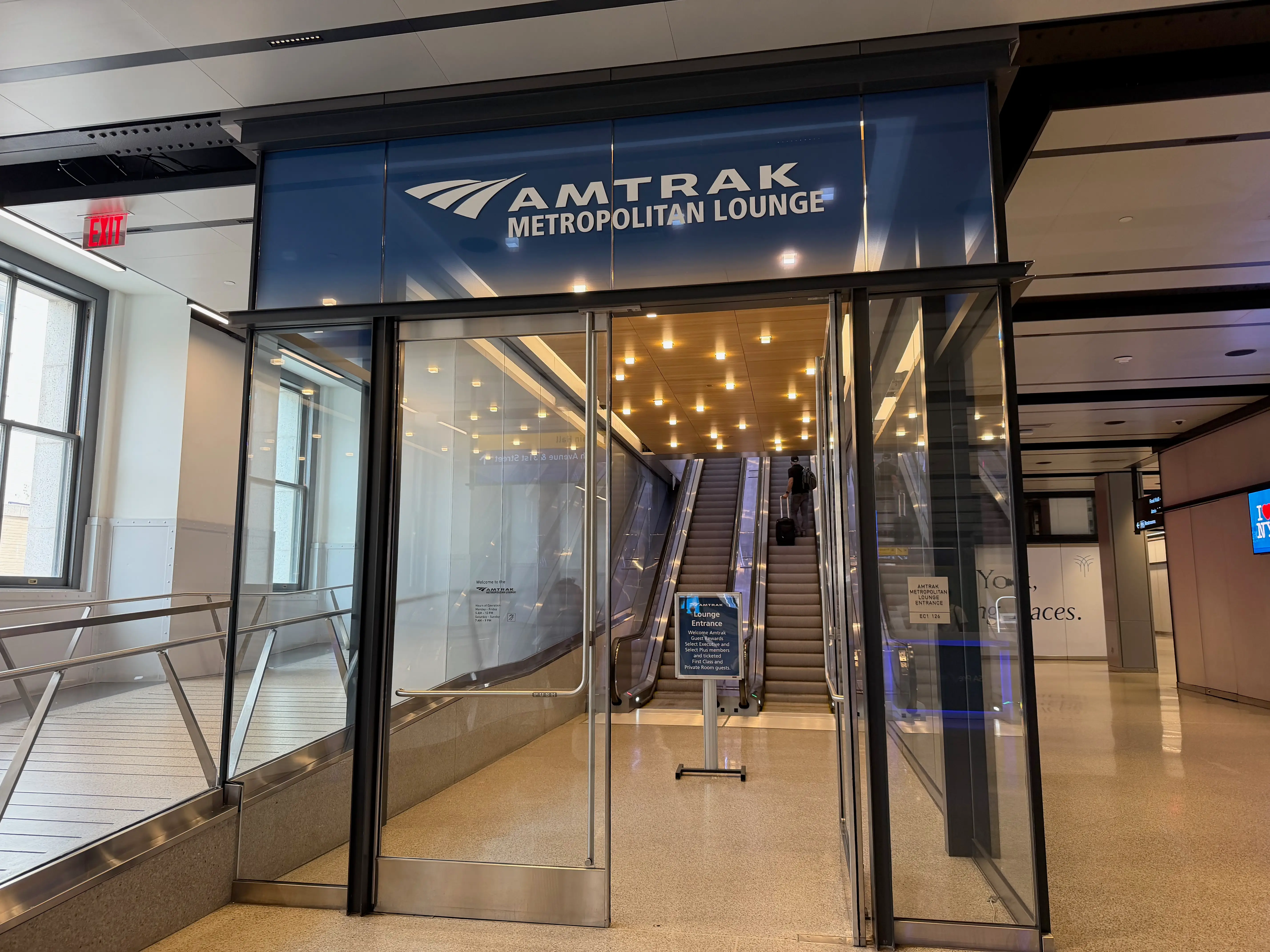 Entrance to Amtrak Metropolitan Lounge in New York's Penn Station.
