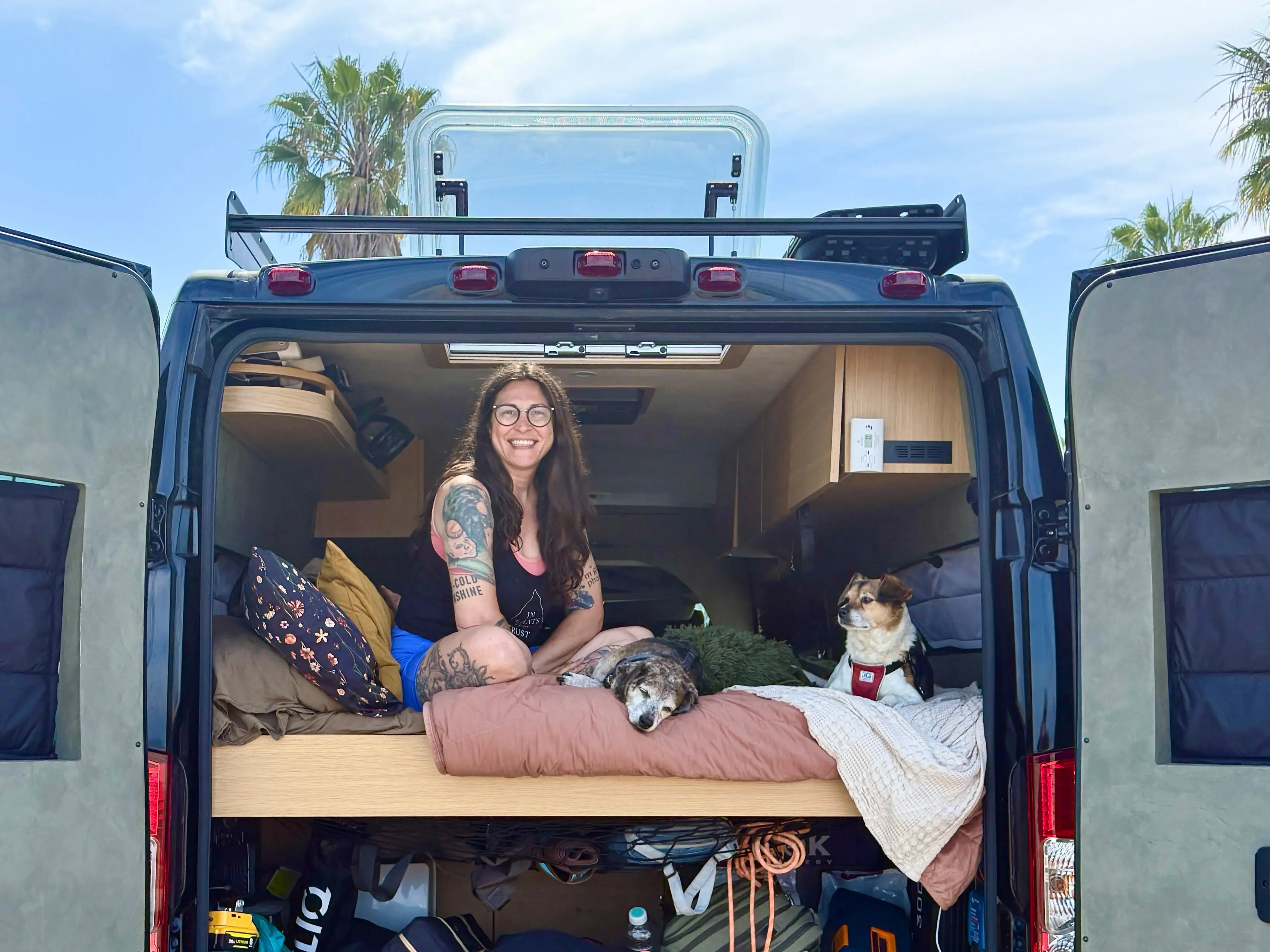 The writer sits with two dogs inside an open camper van parked near palm trees.