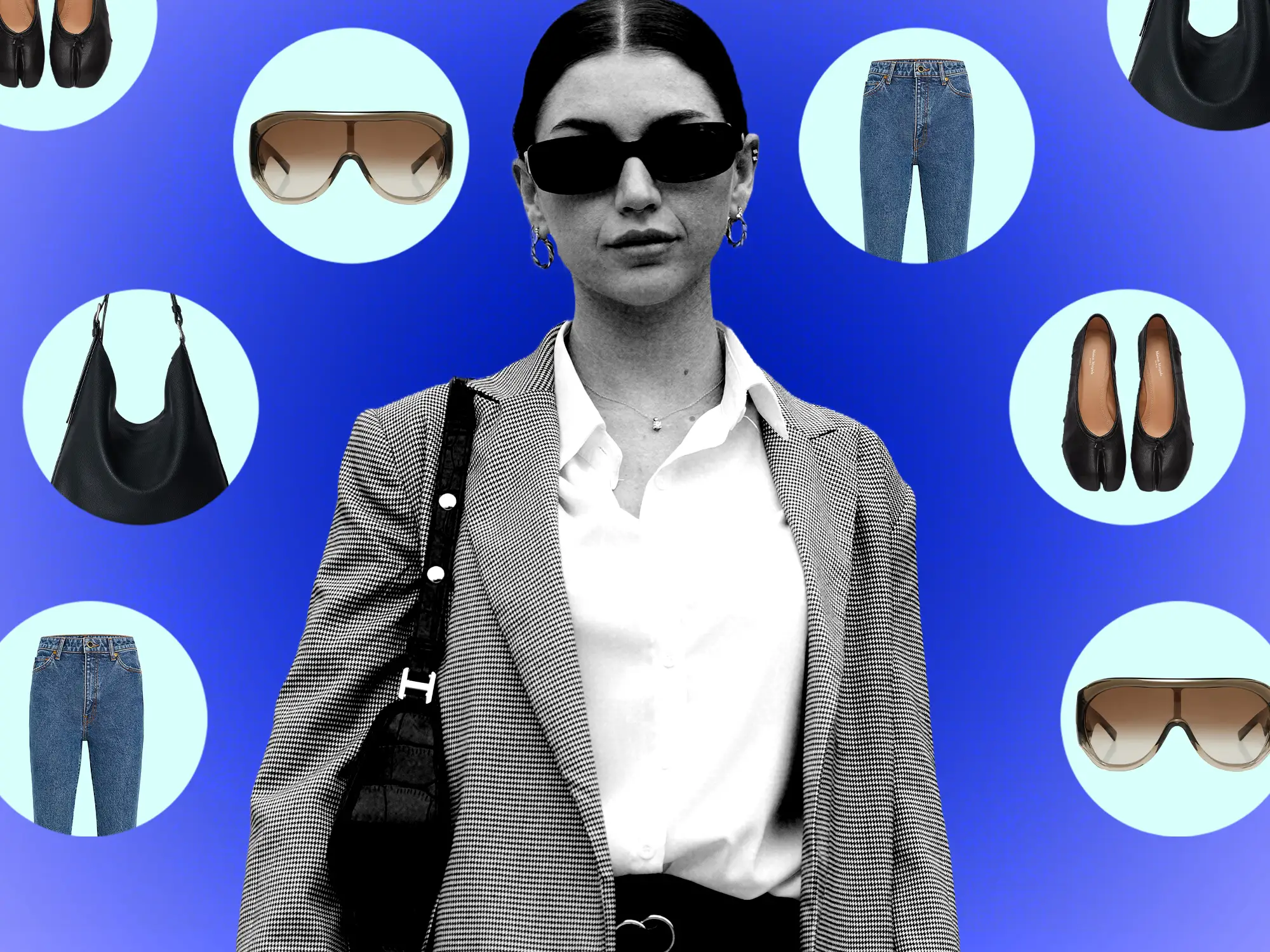 Fashionable young man surrounded by luxury items (The Row's Jean Shoulder Bag, Khaite jeans, Tabi flats, and Phoebe Philo Bombe sunglasses).