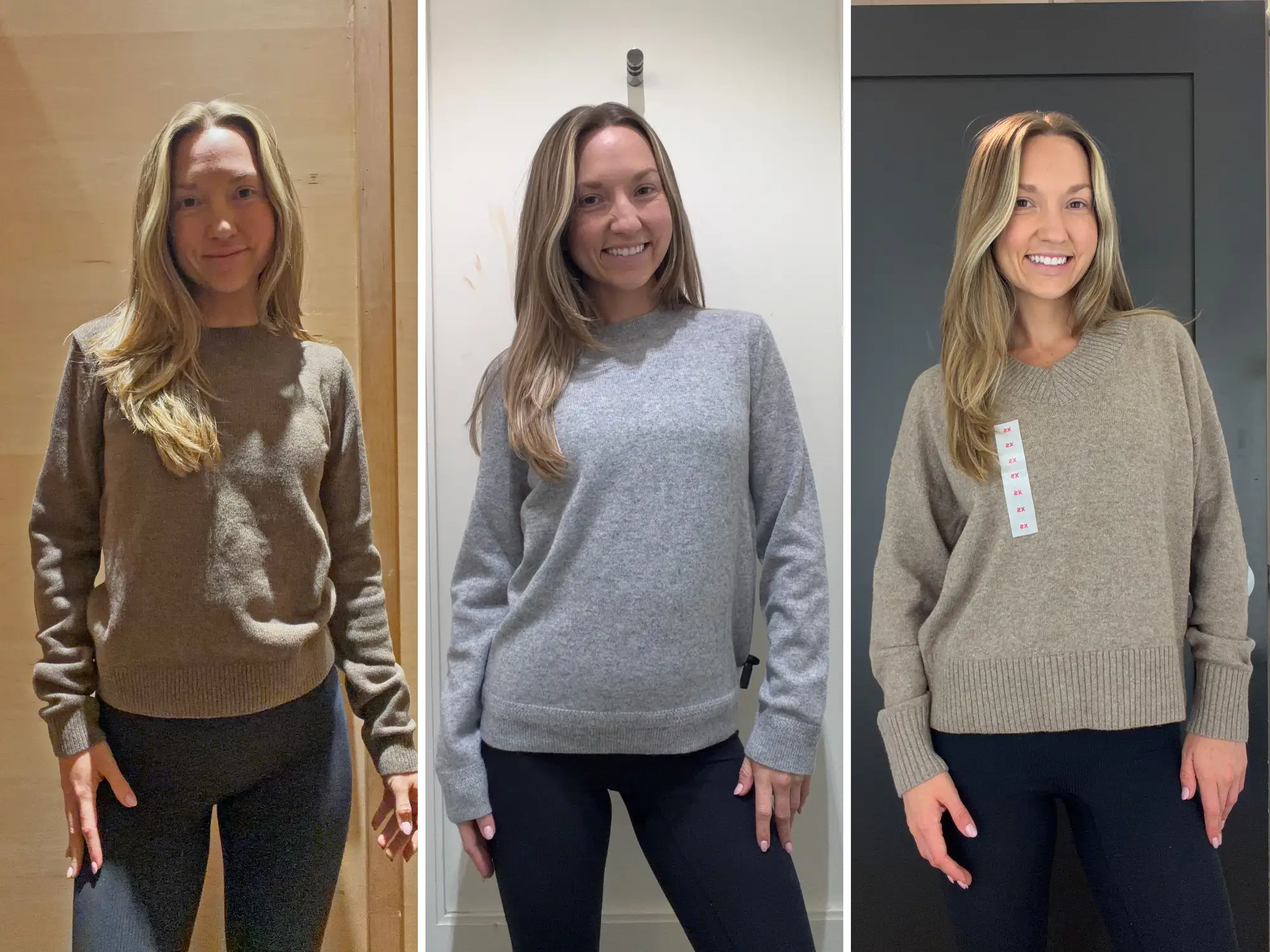 A composite image of Chloe wearing three different sweaters in three different fitting rooms.