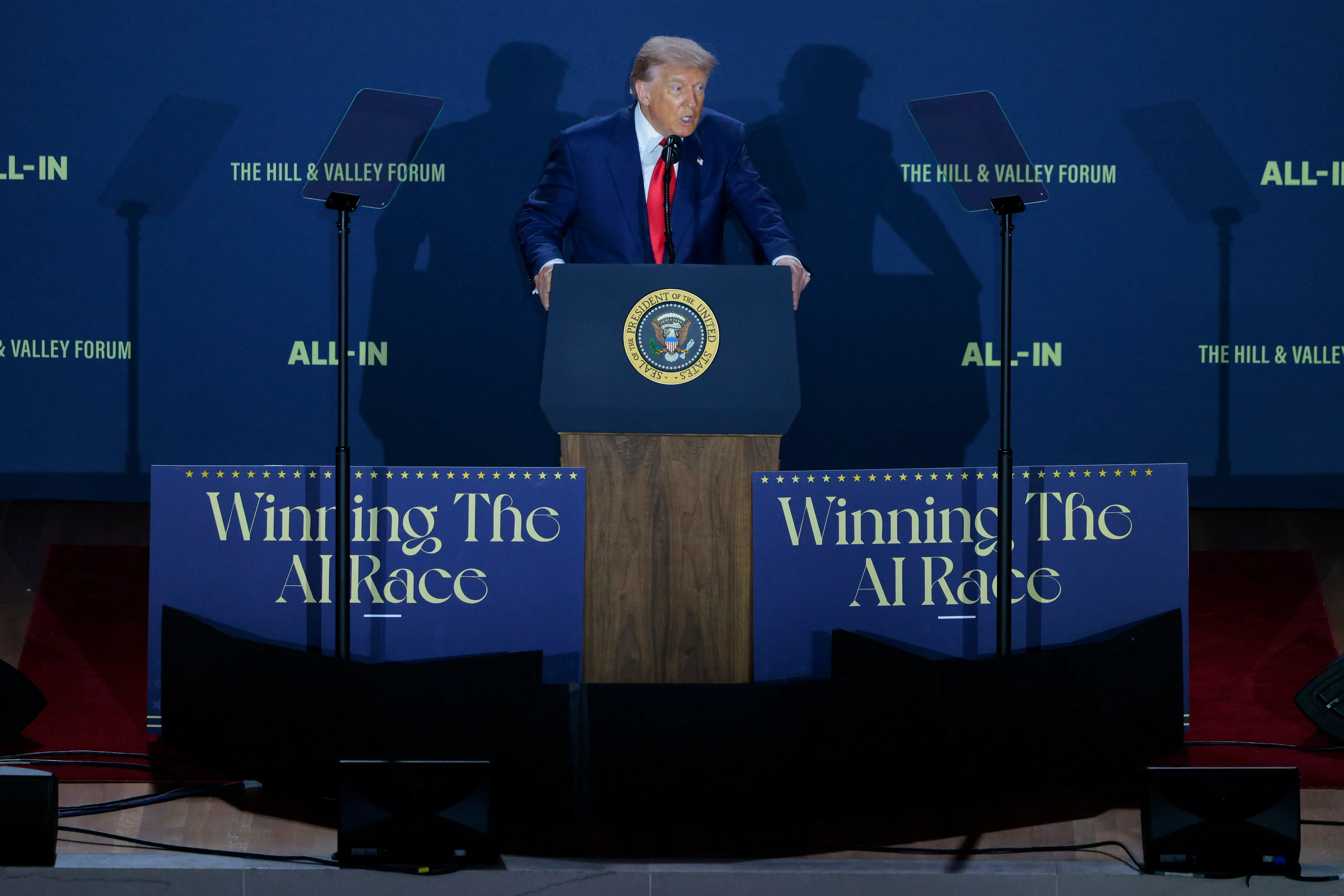 Donald Trump speaks at a 2025 event