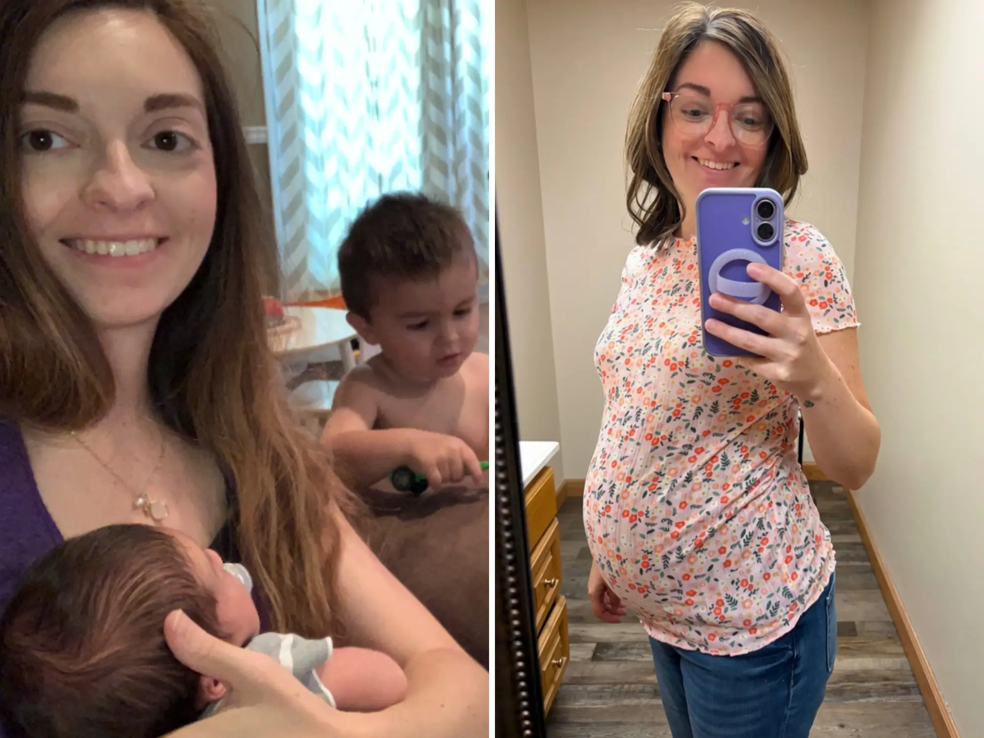 composite image, on the left is the author with her two boys when they were young, and on the right she is taking a mirror selfie while pregnant at 39