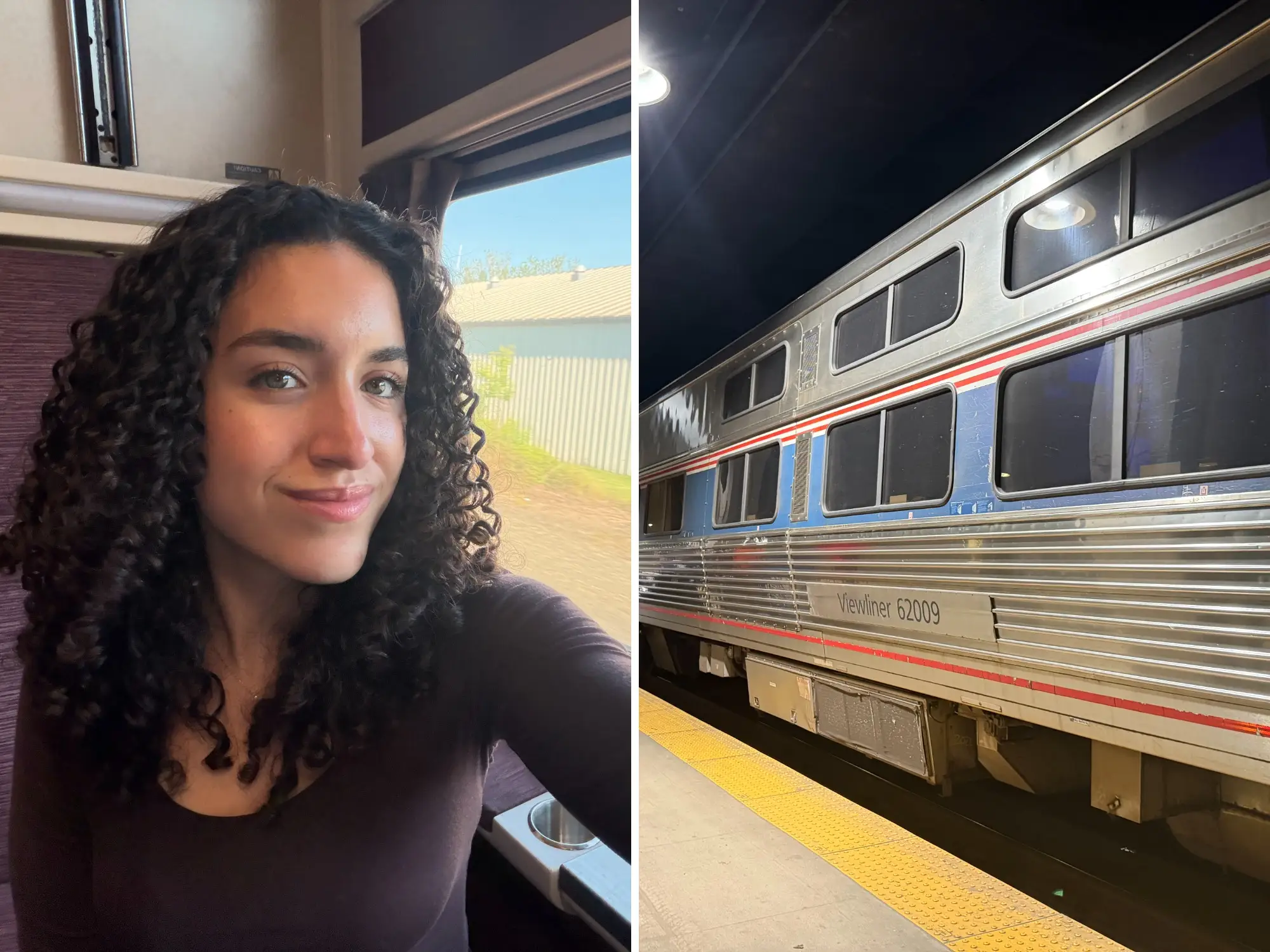 Split image of author and Amtrak sleeper train