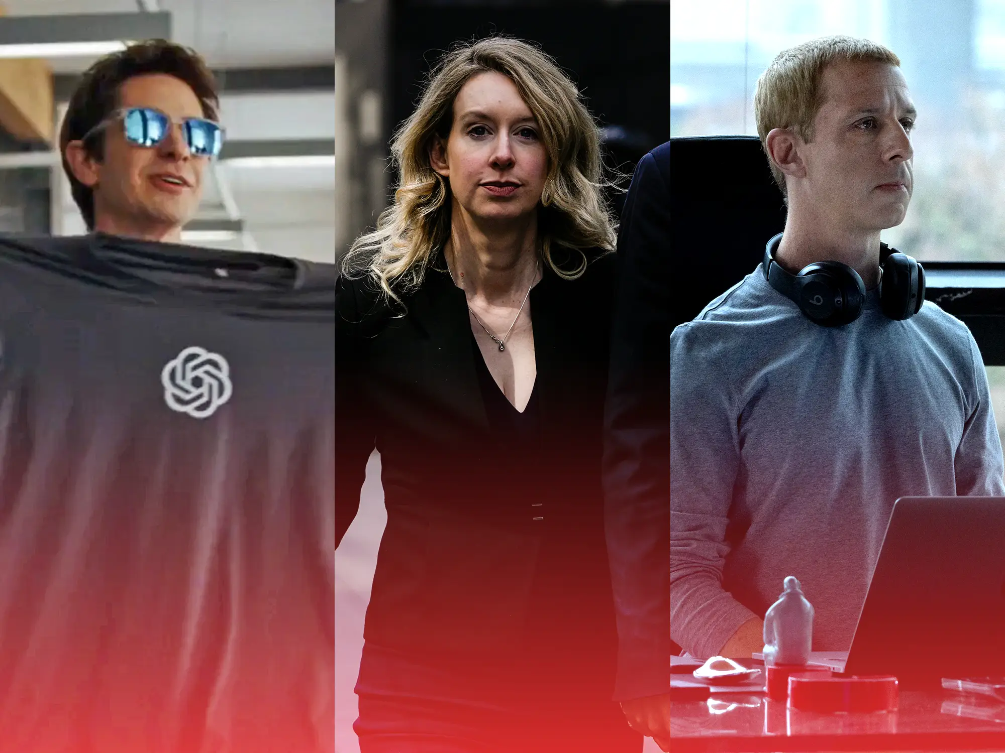 Collage shows Sam Altman in an OpenAI shirt, Elizabeth Holmes in black, and Mark Zuckerberg wearing headphones at a laptop.