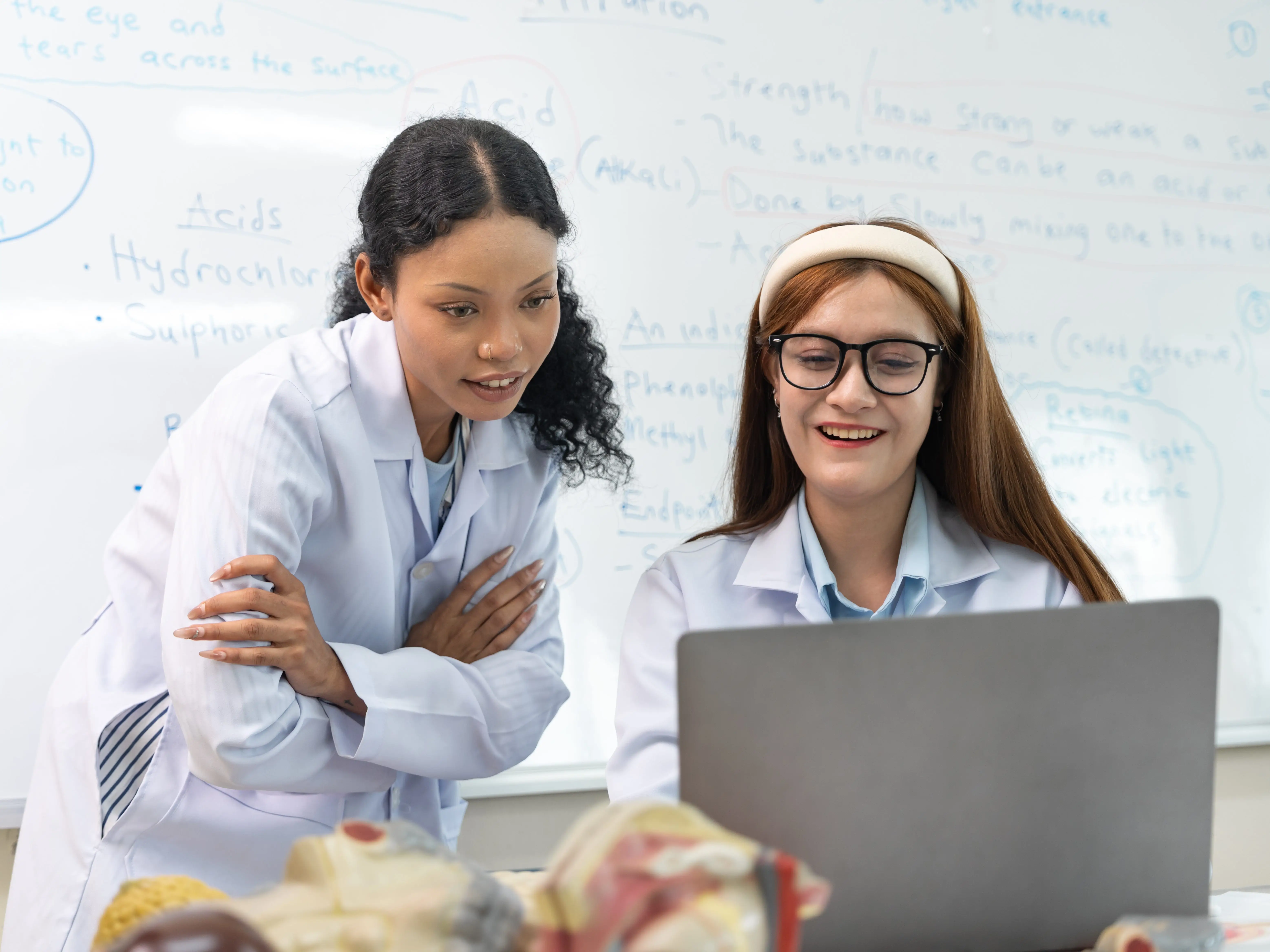 Two Female scientist working and explaining with anatomy model in laboratory stock photo