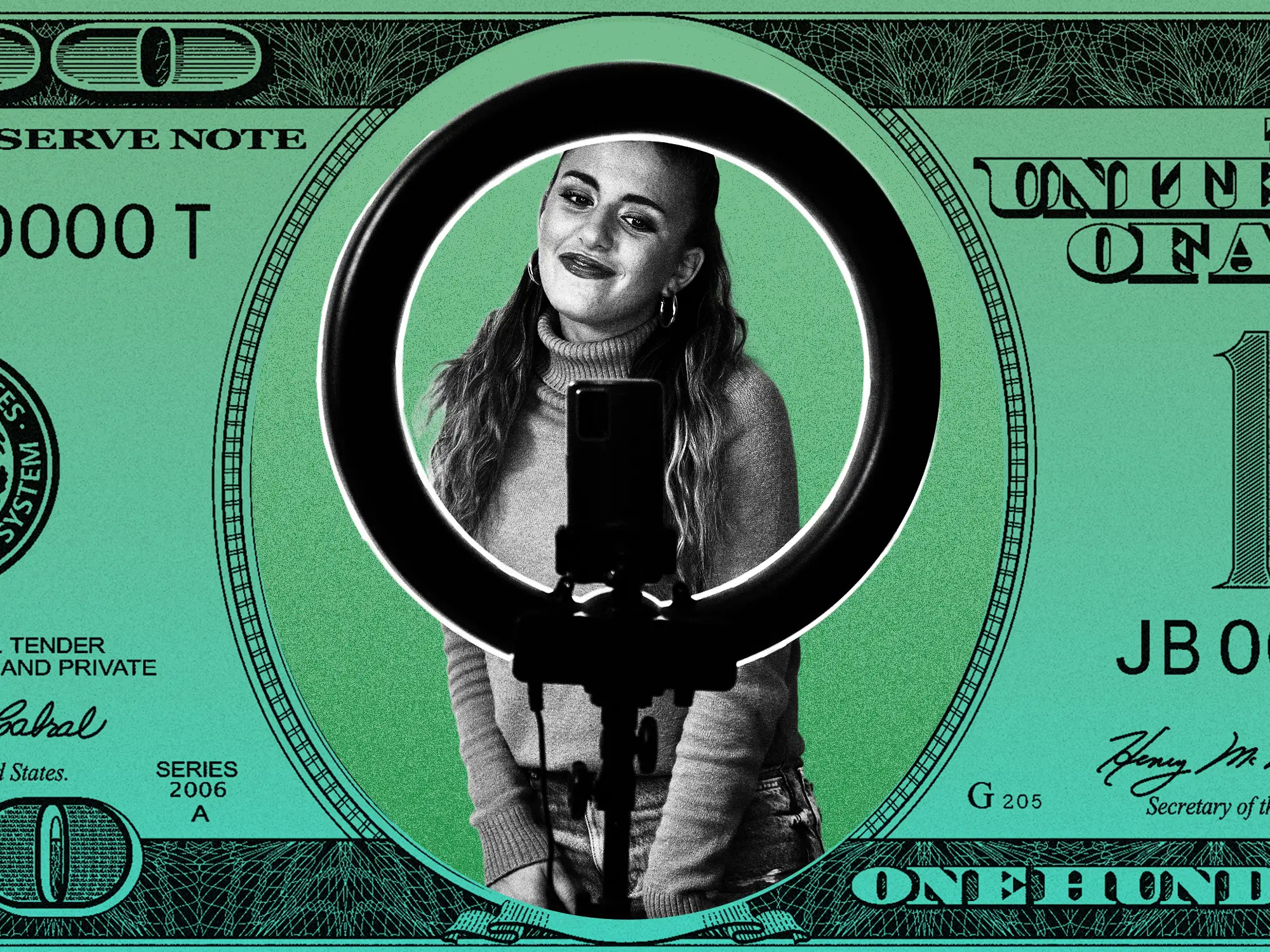 An influencer in the center of a 100 dollar bill