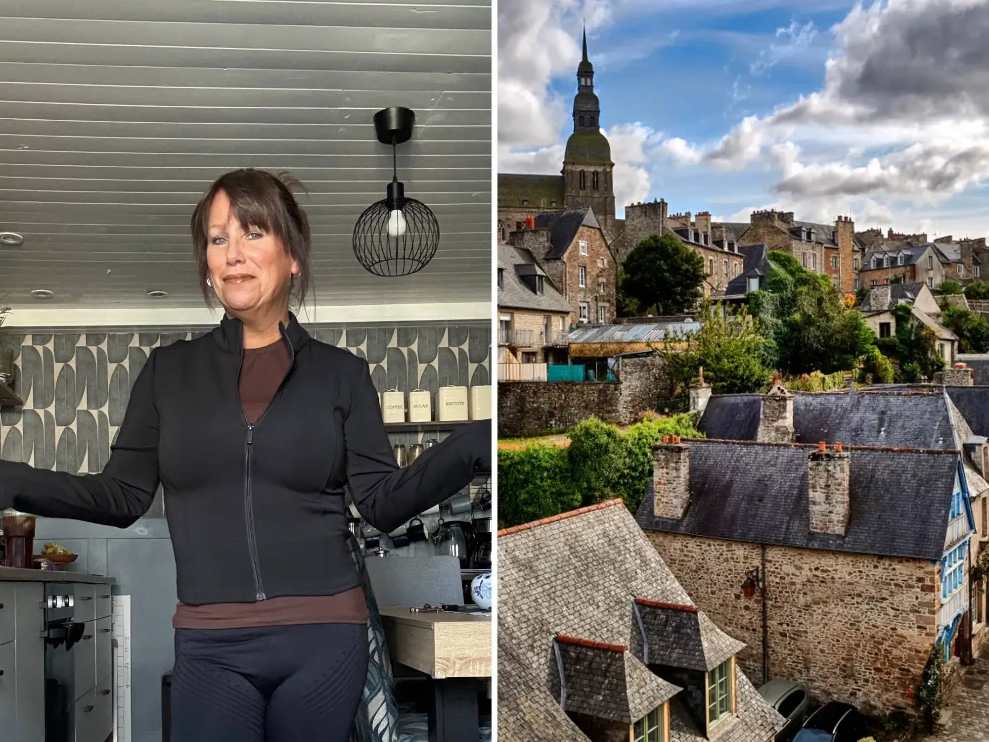 A split image shows Karen Anderson standing in a kitchen beside a French skyline with stone rooftops and a church spire.