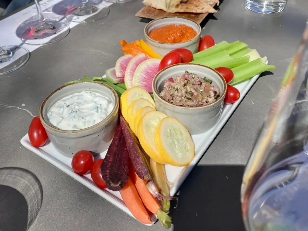 Tray with celery, carrots, dips