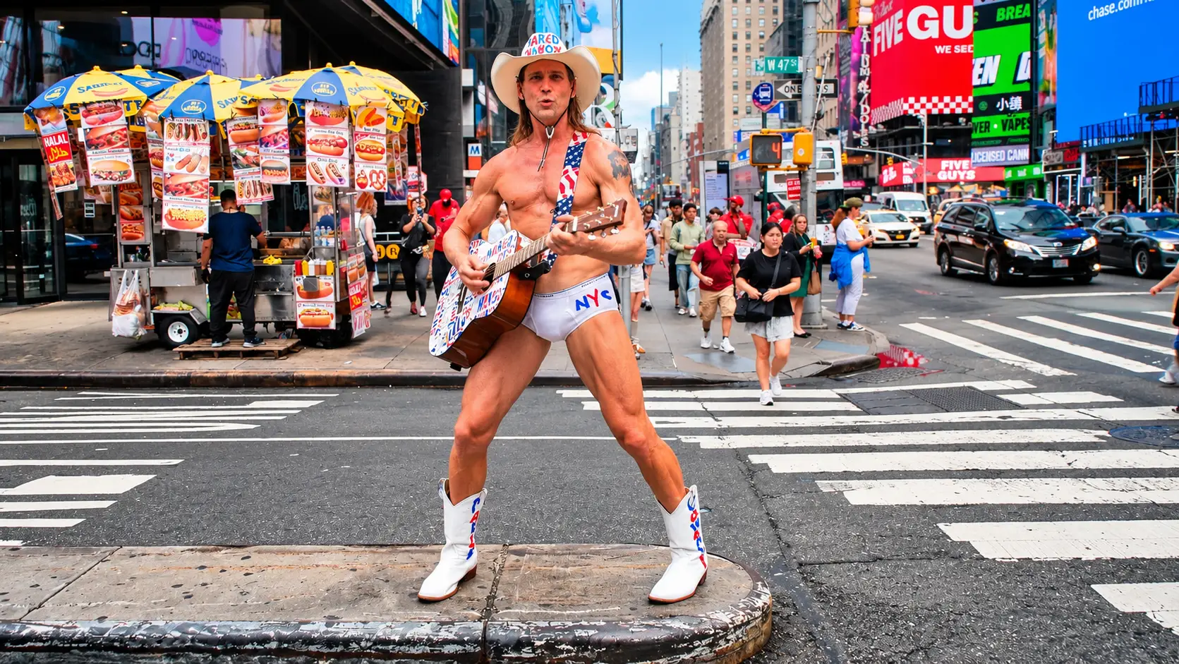 Robert John Burck II as the Naked Cowboy, performing in Times Square.