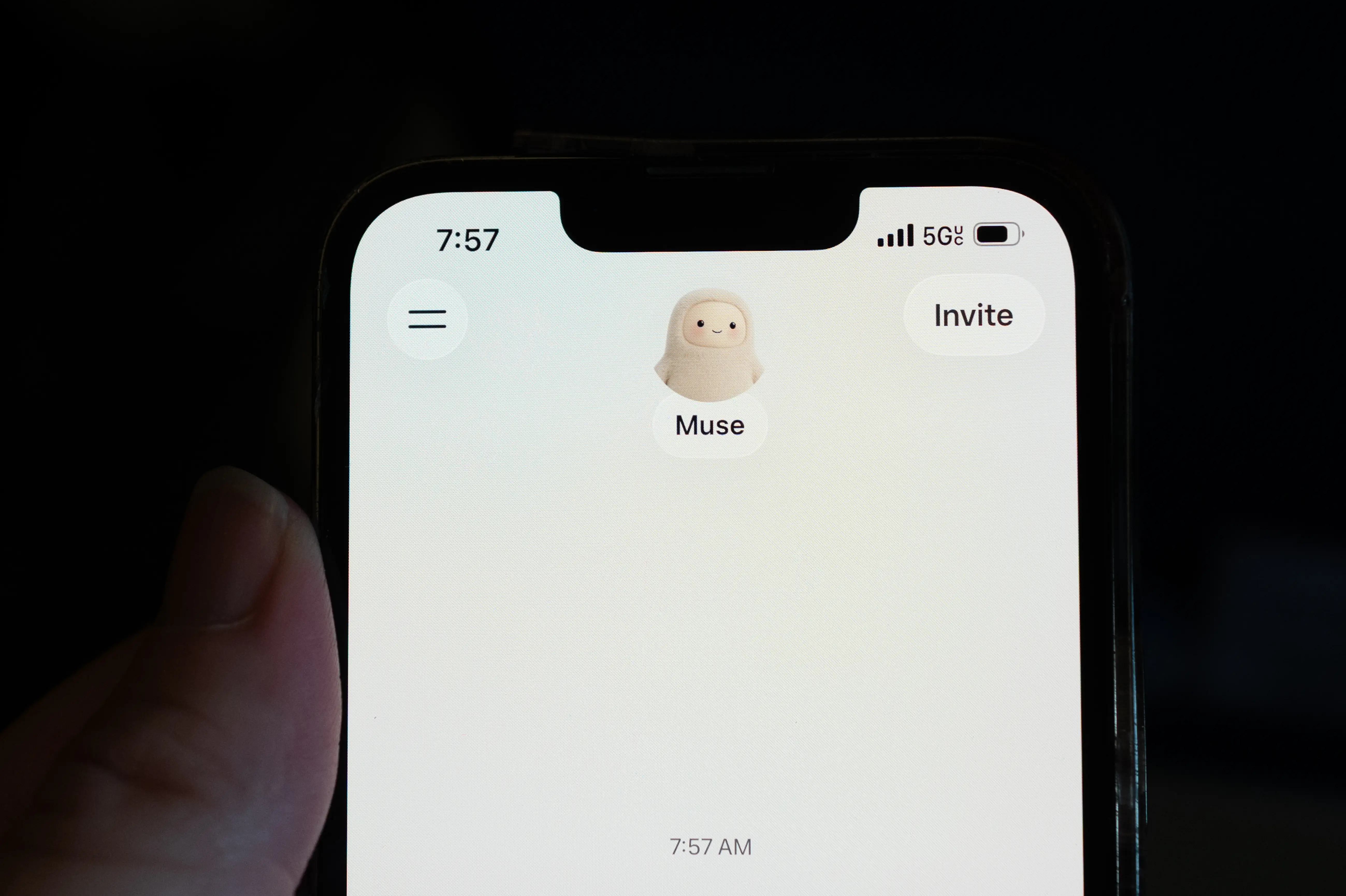 Smartphone screen shows the Muse app home interface with an avatar and Invite button in a dark setting.