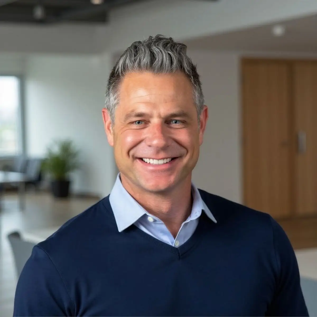 Smiling person in a navy sweater and light blue collared shirt stands in a modern office interior.