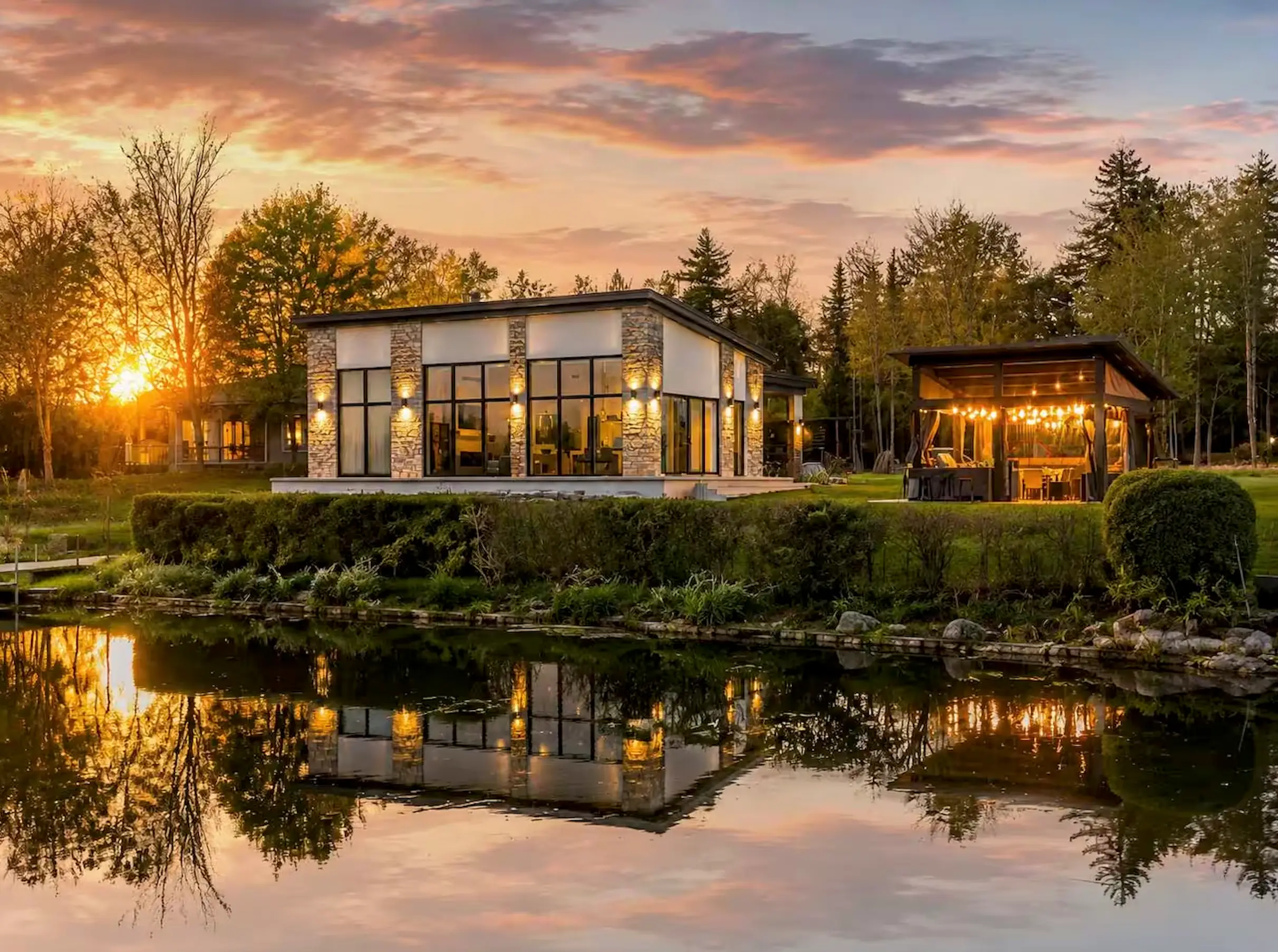 Modern stone-and-glass house and lit outdoor pavilion reflect in a pond at sunset amid trees.