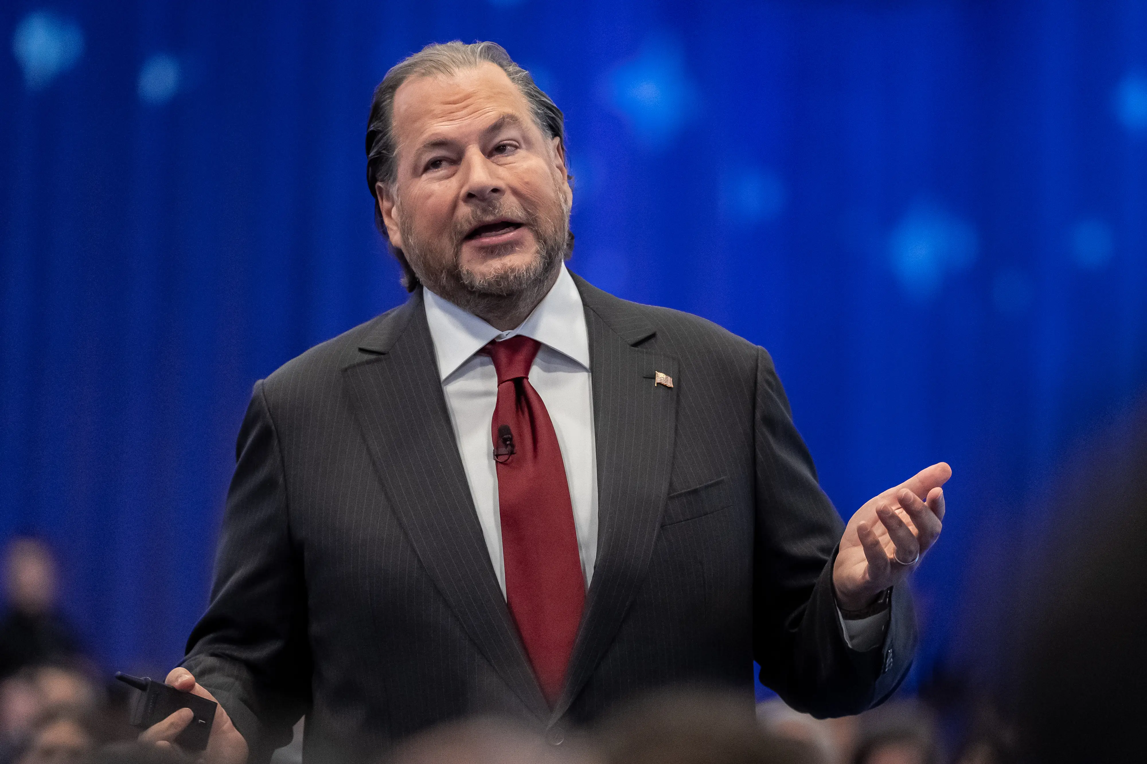 Marc Benioff, chief executive officer of Salesforce Inc., during the 2026 Dreamforce conference in San Francisco, California, US, on Tuesday, Sept. 15, 2026. Salesforce Inc. jumped the most in six years after the software company gave an outlook for strong revenue expansion and deepened its partnership with Anthropic PBC, reassuring
